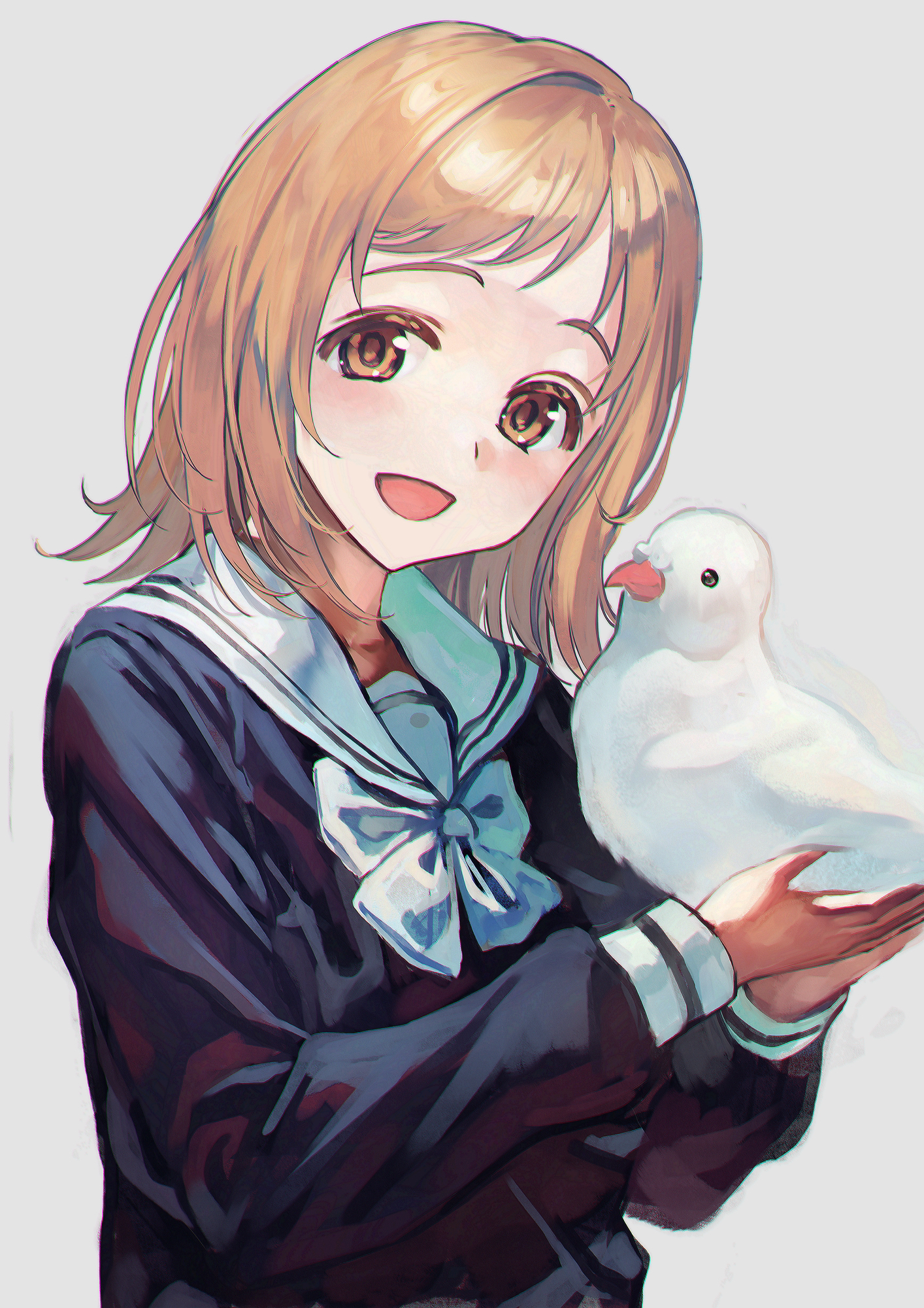 otsudou, sakuragi mano, idolmaster, idolmaster shiny colors, commentary, highres, 1girl, :d, animal, bird, black shirt, blonde hair, bow, brown eyes, grey background, holding, holding animal, light blush, looking at viewer, medium hair, open mouth, sailor collar, shirt, simple background, smile, solo, straight hair, upper body, white bird, white bow, white sailor collar