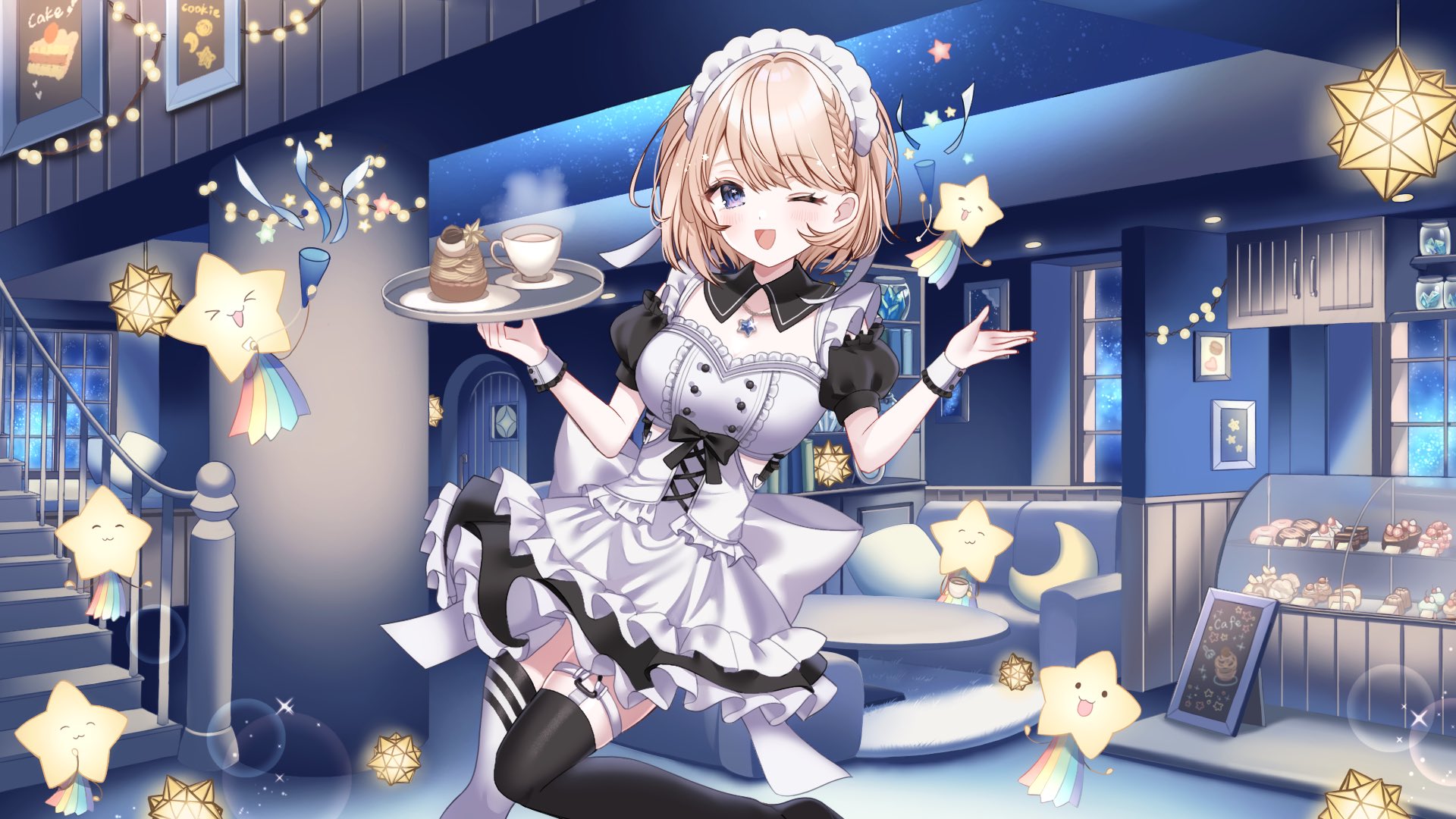 kompeitou (lemon garden), indie virtual youtuber, commentary request, commission, highres, second-party source, skeb commission, 1girl, apron, asymmetrical legwear, black collar, black sleeves, black thighhighs, blonde hair, braid, cake, cake slice, campanella (vtuber), collar, corset, couch, dessert, detached collar, donut, dress, food, frilled dress, frills, holding, holding tray, indoors, layered sleeves, looking at viewer, maid, maid apron, maid headdress, mismatched legwear, one eye closed, open mouth, purple eyes, short hair, solo, stairs, star (symbol), thighhighs, tray, virtual youtuber, white corset, white dress, white headdress, white thighhighs, window