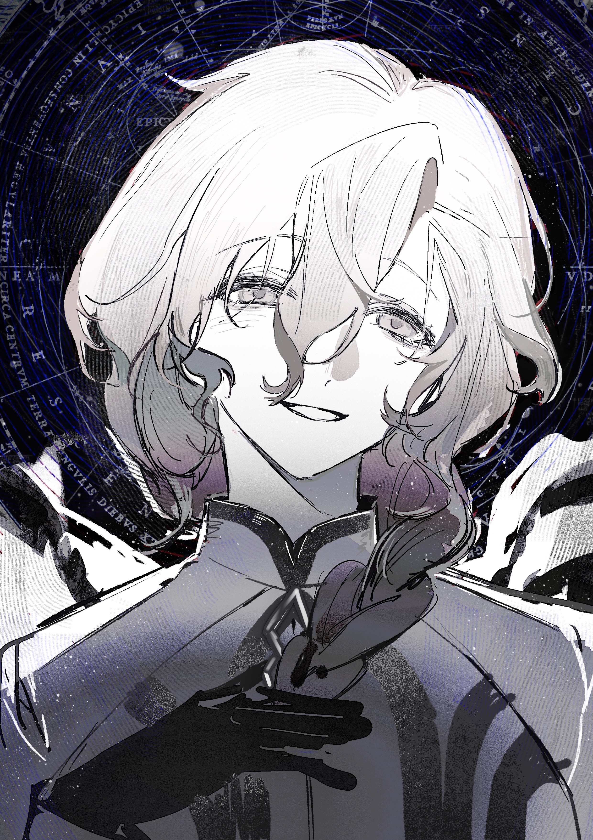 keillor200, marisbury animusphere, fate/grand order, fate (series), absurdres, chinese commentary, commentary request, highres, 1boy, braid, braided ponytail, gloves, grey eyes, hair between eyes, hair over shoulder, jacket, long hair, looking at viewer, male focus, open mouth, single braid, smile, solo, upper body, white hair