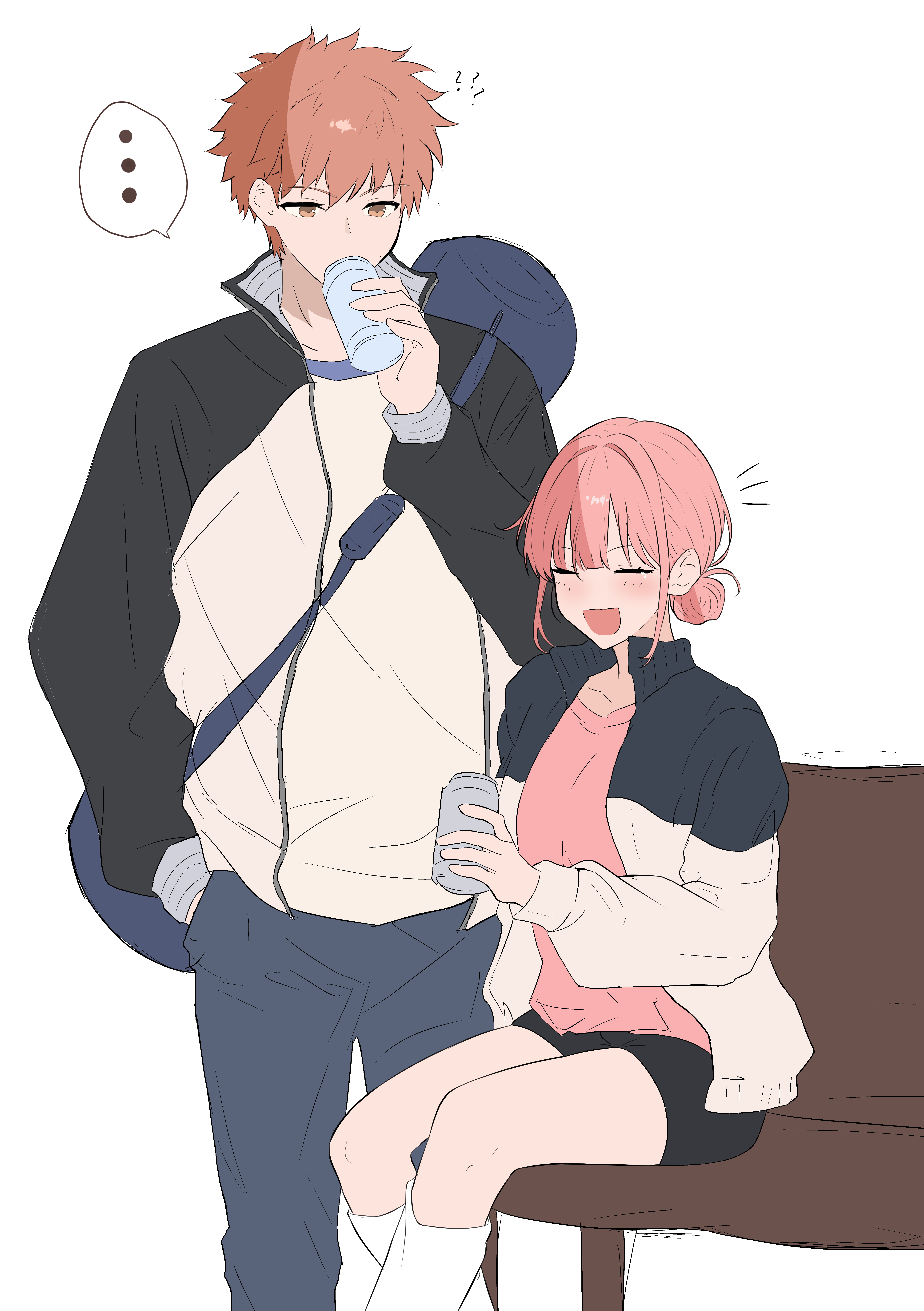 shokobr, chouno hina, emiya shirou, ao no hako, fate/stay night, fate (series), absurdres, highres, self-upload, 1boy, 1girl, ^ ^, athletic leotard, blush, breasts, closed eyes, crossover, false smile, igote, jacket, leotard, multiple crossover, open mouth, orange hair, pink hair, raglan sleeves, smile, trait connection