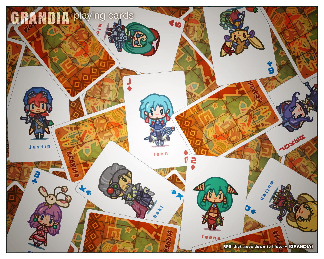 wotabe, baal (grandia), feena (grandia), guido (grandia), justin (grandia), leen (grandia), liete (grandia), mio (grandia), mullen (grandia), sue (grandia), game arts, grandia, grandia i, 3boys, 5girls, bahl, card, card (medium), chibi, copyright name, multiple boys, multiple girls