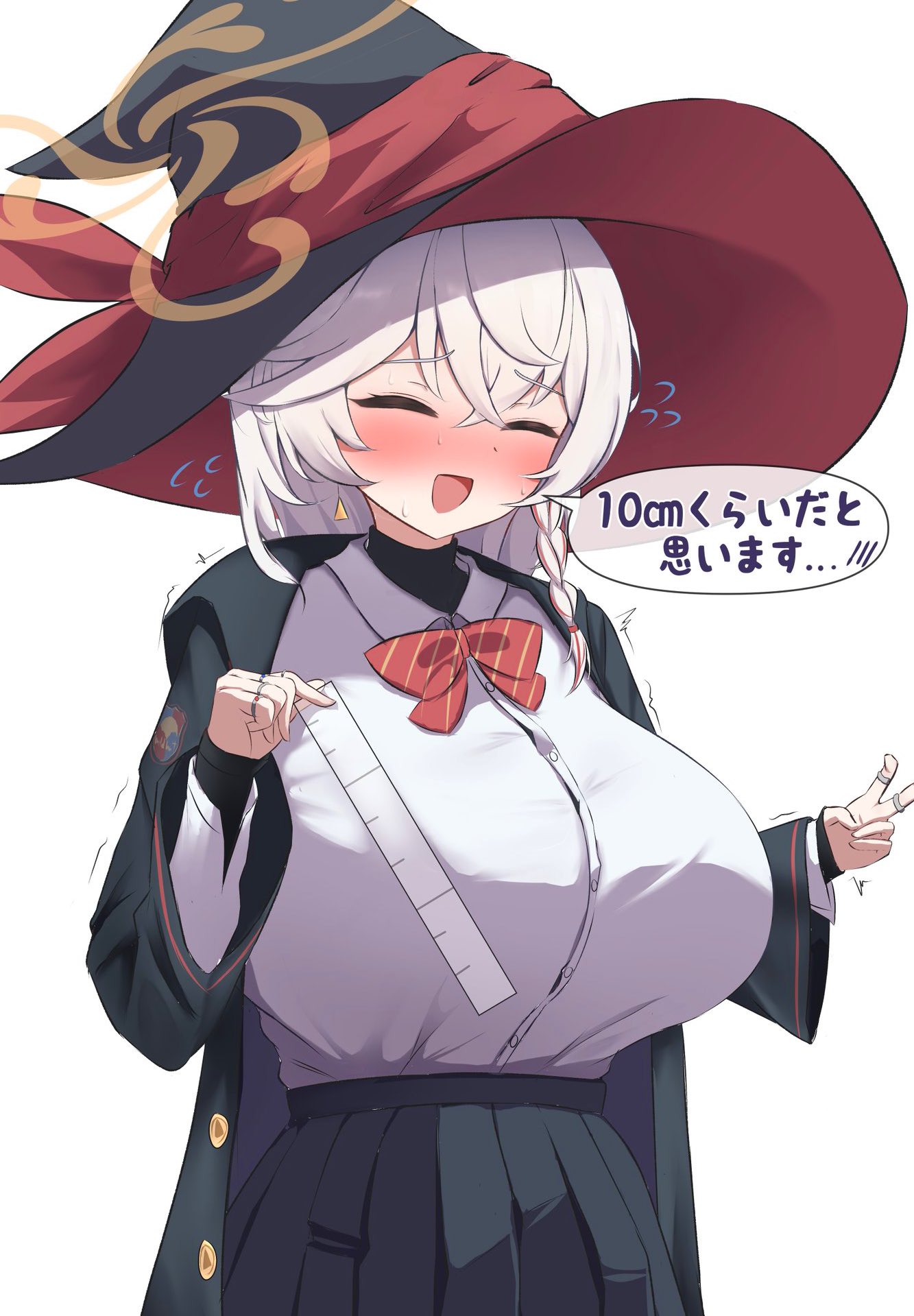 iggy@cafe, eri (blue archive), blue archive, commentary request, highres, translation request, 1girl, :d, black hat, black skirt, blush, bow, bowtie, braid, breasts, buttons, closed eyes, coat, cowboy shot, diagonal-striped bow, diagonal-striped bowtie, diagonal-striped clothes, facing viewer, flying sweatdrops, grey hair, hat, holding, holding ruler, large breasts, long sleeves, open clothes, open coat, open mouth, pleated skirt, red bow, ruler, skirt, smile, solo, speech bubble, striped bow, striped bowtie, striped clothes, witch hat