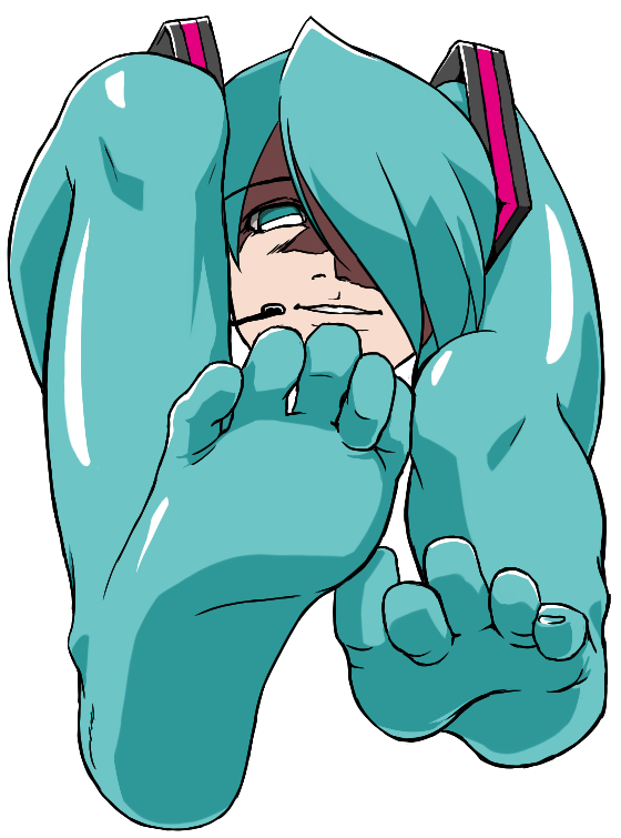 hoppy inochi, hatsune miku, shiteyan'yo, vocaloid, 1girl, aqua eyes, aqua hair, barefoot, creepy, feet, female focus, foot focus, foreshortening, full body, hair over one eye, headset, horror (theme), legs, simple background, smile, solo, what, white background, you gonna get raped
