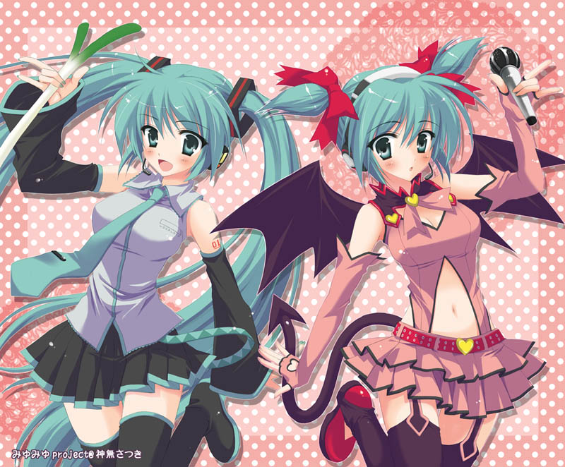 kanna satsuki, hatsune miku, hatsune miku (heart hunter), heart hunter, project diva, project diva (series), vocaloid, 1girl, aqua eyes, aqua hair, bat wings, boots, bow, detached sleeves, dual persona, fingerless gloves, garter straps, gloves, hair bow, hair ribbon, headphones, headset, long hair, microphone, navel, necktie, ribbon, skirt, smile, spring onion, tail, thigh boots, thighhighs, twintails, very long hair, wings, zettai ryouiki