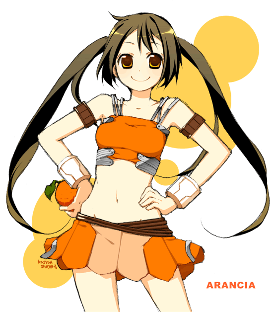 koshou shichimi, arancia, original, 1girl, bare shoulders, brown hair, female focus, food, fruit, hands on own hips, holding, holding food, holding fruit, long hair, midriff, miniskirt, navel, orange (fruit), orange eyes, orange skirt, skirt, smile, solo, twintails