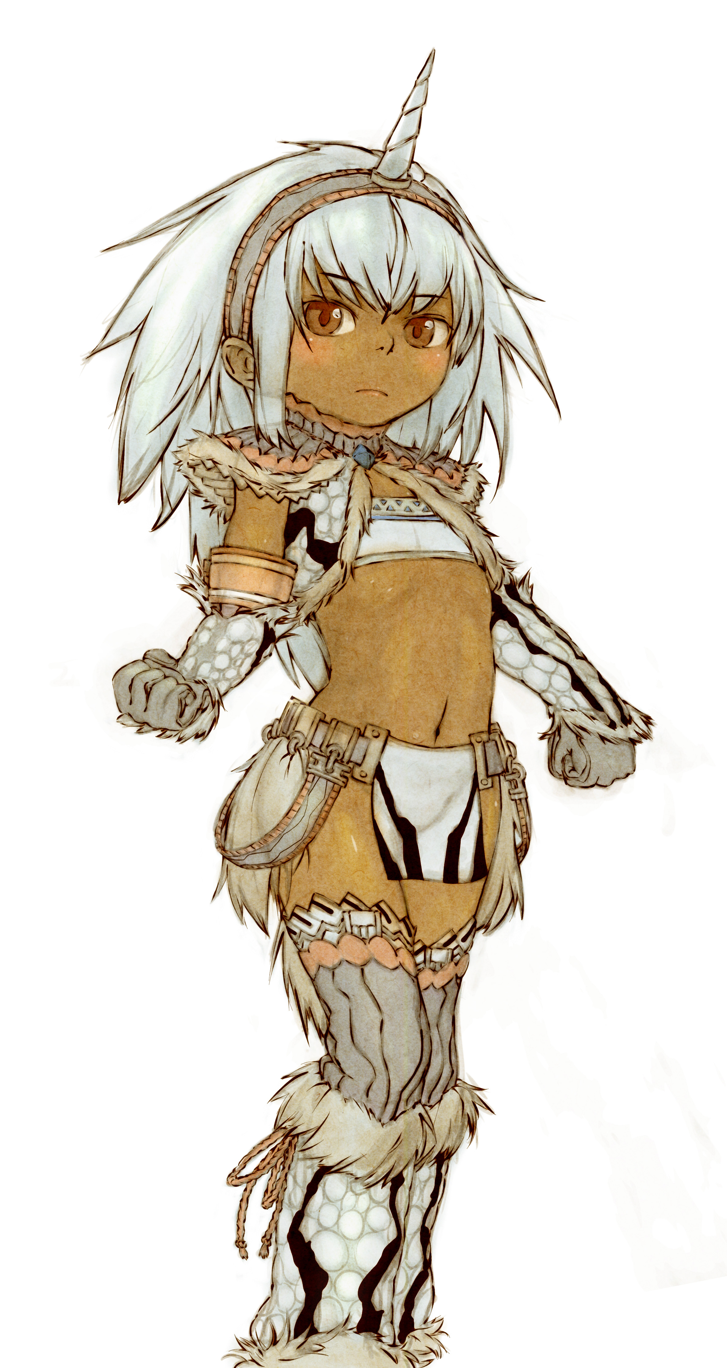 feral lemma, capcom, monster hunter (series), silver hair, absurdres, bad id, bad pixiv id, highres, 1girl, aged down, blush, brown eyes, dark-skinned female, dark skin, elbow gloves, female focus, flat chest, gloves, hairband, horns, kirin (armor), loincloth, long hair, midriff, navel, single horn, solo, thighhighs