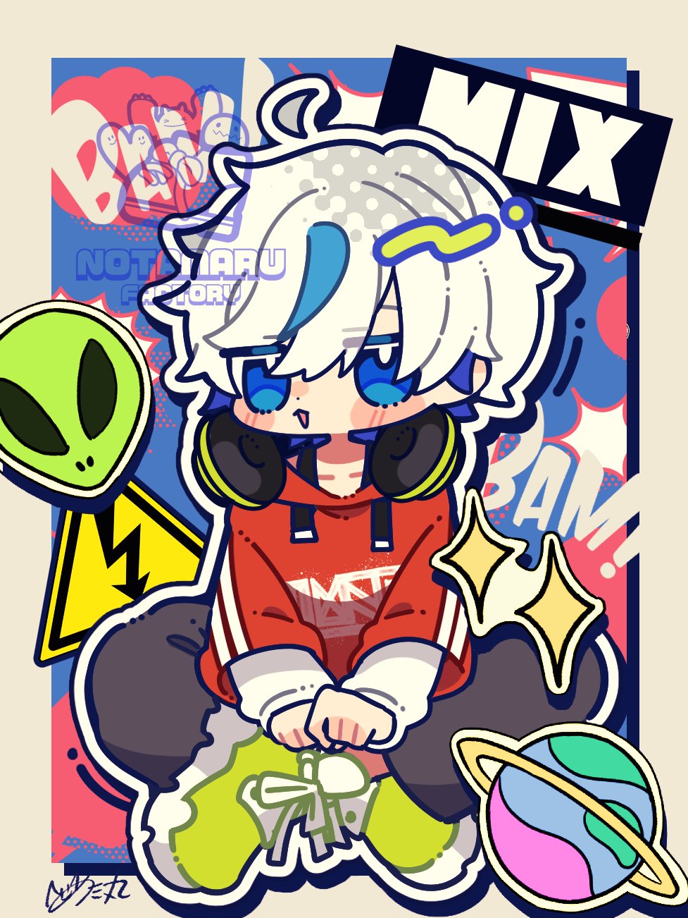 notamaru 2, original, commentary request, highres, 1girl, ahoge, black pants, blue eyes, blue hair, blush stickers, border, collarbone, dot nose, drawstring, full body, green shoes, hair between eyes, headphones, headphones around neck, hood, hood down, hoodie, layered sleeves, long sleeves, looking at viewer, multicolored hair, open mouth, outline, outside border, pants, red hoodie, shoes, short hair, signature, sitting, sneakers, solo, sparkle, streaked hair, two-tone hair, white border, white outline