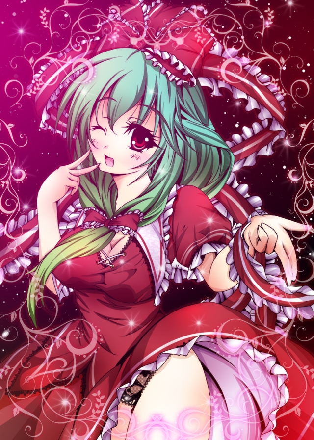 lastlong, kagiyama hina, touhou, 1girl, bow, breasts, cleavage, female focus, front ponytail, green eyes, green hair, hair ribbon, large breasts, lingerie, long hair, matching hair/eyes, panties, red eyes, ribbon, solo, underwear