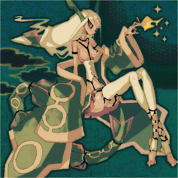 kantarou (8kan), rayquaza, nintendo, pokemon, 1girl, bare legs, blonde hair, blue background, breasts, female focus, full body, gen 3 pokemon, headgear, legendary pokemon, looking at viewer, nipples, personification, robe, simple background, sitting, solo, star (symbol), tail