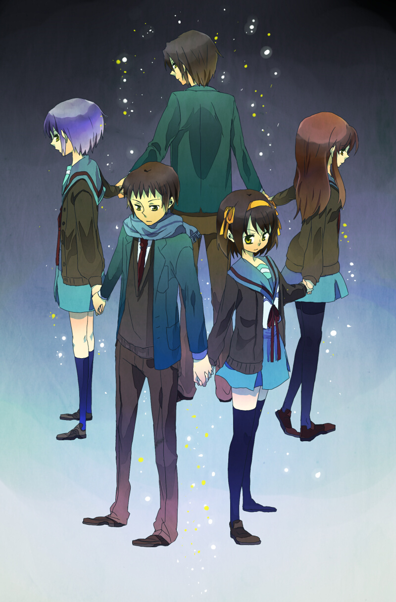 niwatoriko, asahina mikuru, koizumi itsuki, kyon, nagato yuki, suzumiya haruhi, suzumiya haruhi no yuuutsu, bad id, bad pixiv id, highres, 2boys, 3girls, bad anatomy, cardigan, holding hands, multiple boys, multiple girls, pantyhose, poorly drawn, scarf, school uniform, thighhighs