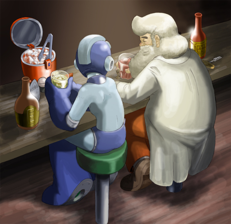 shokatsu housuu, dr. light (mega man), eddie (mega man), mega man (character), capcom, mega man (classic), mega man (series), 2boys, age difference, alcohol, bar (place), bar stool, beard, bottle, facial hair, family bonding, father and son, full body, lab coat, male focus, multiple boys, mustache, old, old man, robot, sitting, smile, stool, white hair