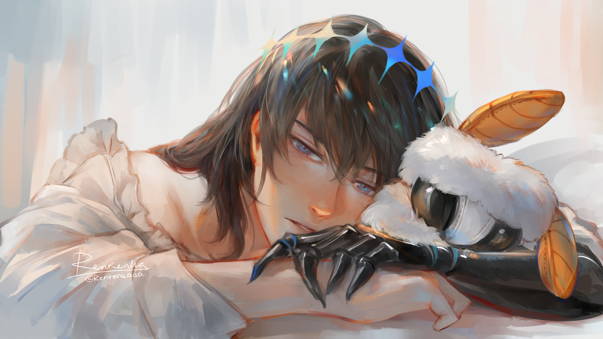 renrenka noi, blanca (fate), oberon (fate), oberon (third ascension) (fate), fate/grand order, fate (series), commentary, commentary request, english commentary, highres, 1boy, arm rest, blue eyes, bug, grey hair, hair between eyes, insect, long sleeves, looking at viewer, male focus, moth, parted lips, shirt, short hair, signature, solo, white background, white shirt