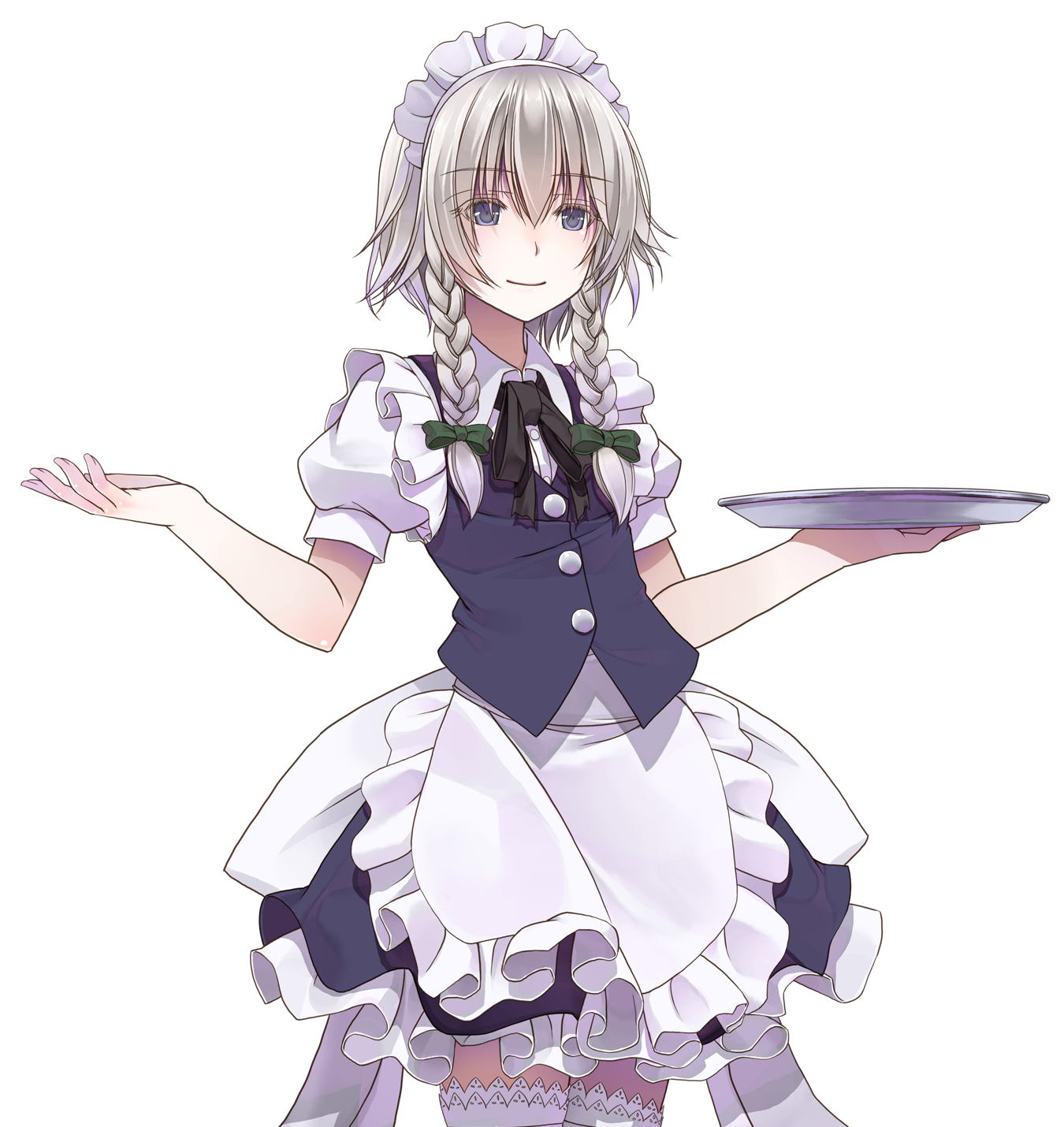 crote, izayoi sakuya, touhou, commentary request, highres, large variant set, variant set, 1girl, apron, black ribbon, blue eyes, blue skirt, blue vest, bow, braid, braided sidelocks, buttons, closed mouth, collared shirt, cowboy shot, frilled apron, frills, green bow, grey hair, hair between eyes, hair bow, hair ribbon, hands up, holding, holding tray, layered skirt, maid apron, maid headdress, medium skirt, puffy short sleeves, puffy sleeves, ribbon, shirt, short hair, short sleeves, skirt, sleeve cuffs, smile, solo, standing, tachi-e, thighhighs, transparent background, tray, twin braids, vest, white apron, white headdress, white shirt, white thighhighs, wing collar