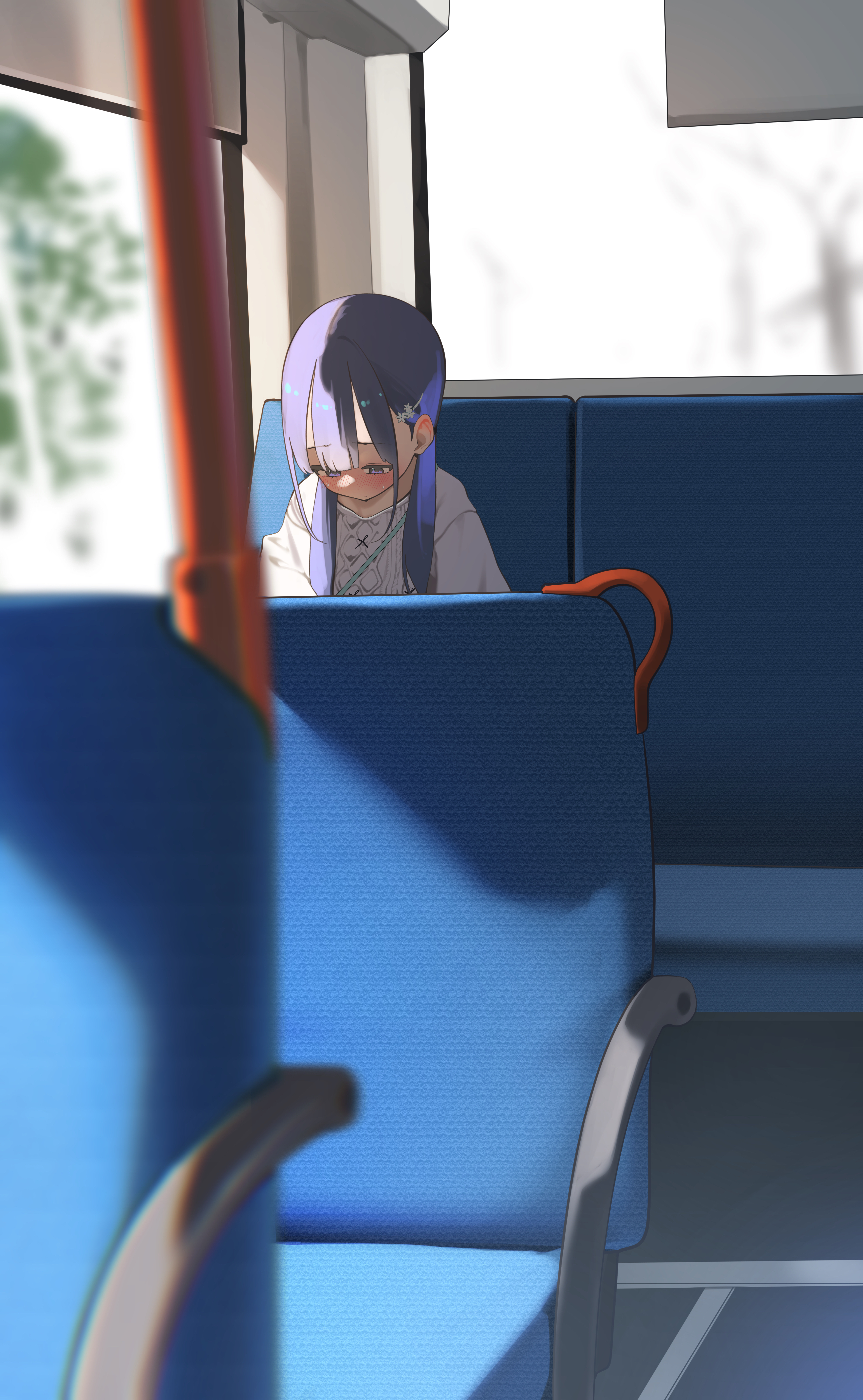 pei iriya, hayakawa sena (pei iriya), original, absurdres, commentary request, highres, paid reward available, 1girl, blush, bus interior, closed mouth, long sleeves, purple eyes, purple hair, shirt, twintails, white shirt