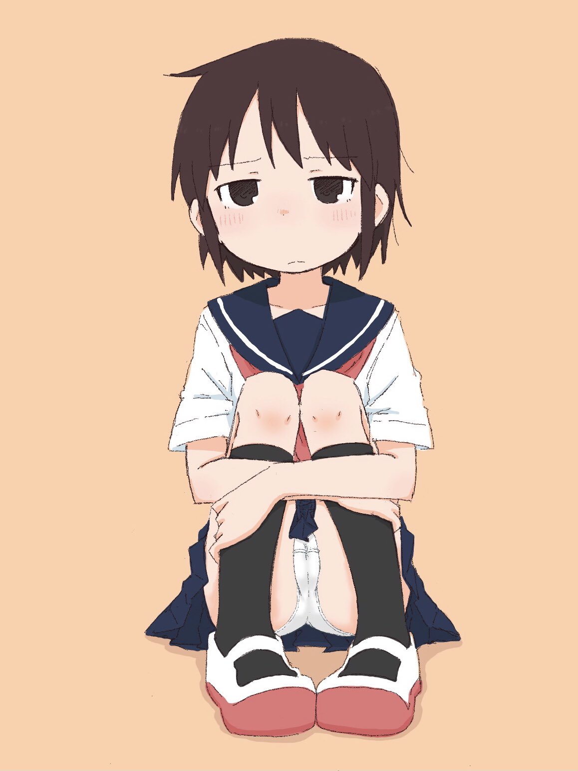 ponnu (tnpn2yw), original, 1girl, black socks, blue sailor collar, blue skirt, blush, brown eyes, brown hair, cameltoe, closed mouth, collarbone, female focus, full body, half-closed eyes, have to pee, hugging own legs, kneehighs, knees up, looking afar, matching hair/eyes, miniskirt, neckerchief, orange background, panties, pigeon-toed, pleated skirt, red neckerchief, red shoes, sailor collar, school uniform, serafuku, shirt, shoes, short hair, short sleeves, sidelocks, simple background, sitting, skirt, socks, solo, split mouth, underwear, upskirt, white panties, white shirt
