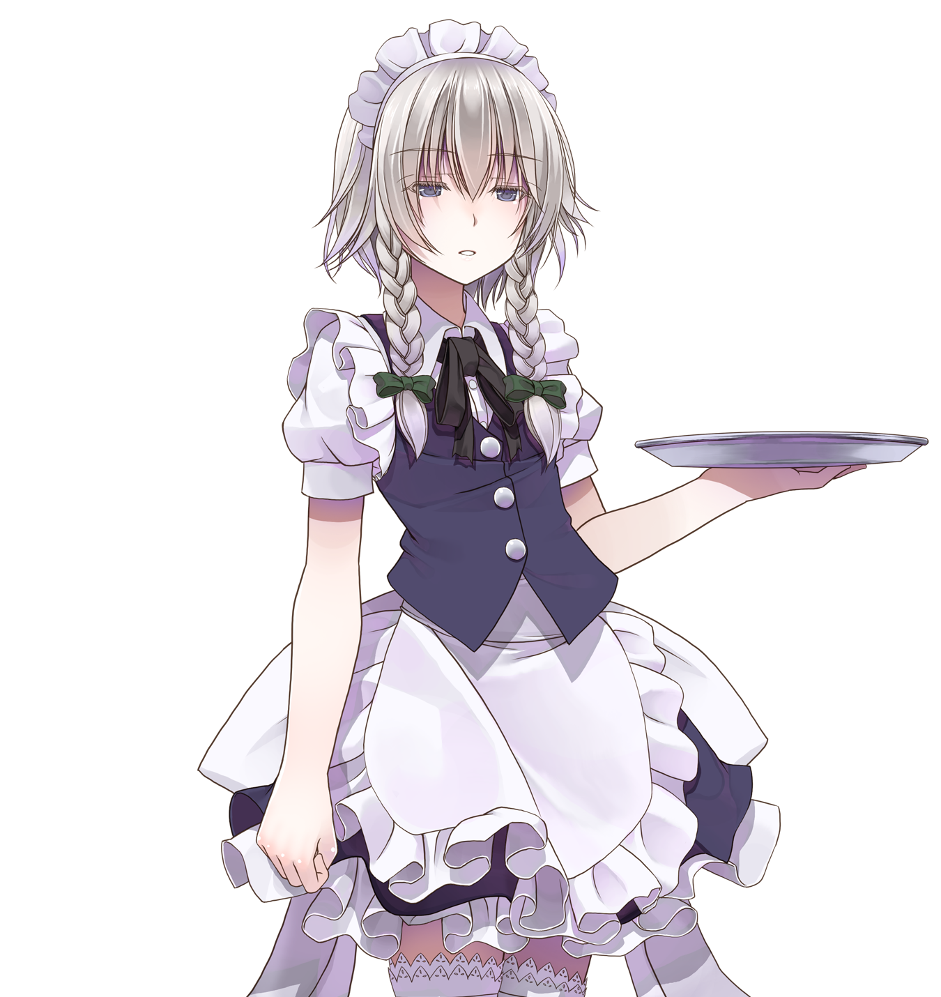 crote, izayoi sakuya, touhou, commentary request, highres, large variant set, variant set, 1girl, apron, black ribbon, blue eyes, blue skirt, blue vest, bow, braid, braided sidelocks, buttons, collared shirt, cowboy shot, frilled apron, frills, green bow, grey hair, hair between eyes, hair bow, half-closed eyes, hand up, holding, holding tray, layered skirt, maid apron, maid headdress, medium skirt, neck ribbon, parted lips, puffy short sleeves, puffy sleeves, ribbon, shirt, short hair, short sleeves, skirt, sleeve cuffs, solo, standing, tachi-e, thighhighs, transparent background, tray, twin braids, vest, white apron, white headdress, white shirt, white thighhighs, wing collar