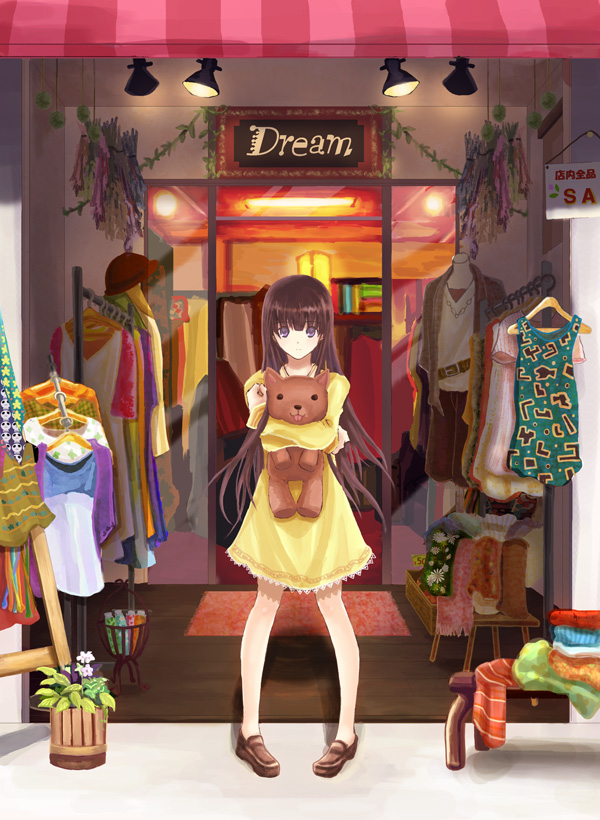 kariya kyou, original, clothes, 1girl, dress, female focus, full body, long hair, outdoors, plant, purple eyes, purple hair, shop, shopping, solo, standing, stuffed animal, stuffed toy