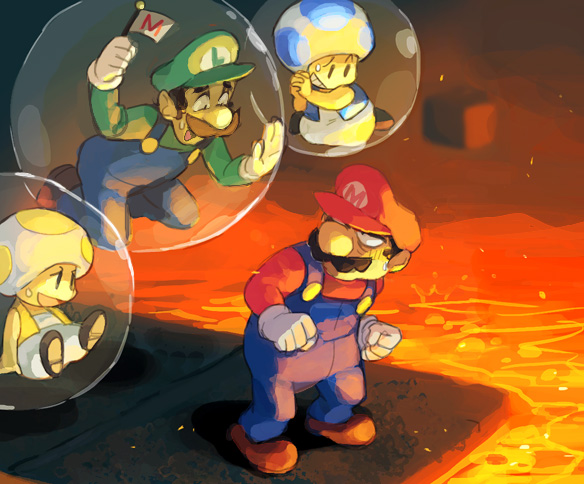 motohashi mari, luigi, mario, toad (mario), mario (series), new super mario bros. wii, nintendo, super mario bros. 1, bad deviantart id, bad id, 2boys, brothers, bubble, facial hair, flag, gameplay mechanics, glaring, lava, multiple boys, mustache, nervous, overalls, siblings, sideburns, sweat, sweatdrop