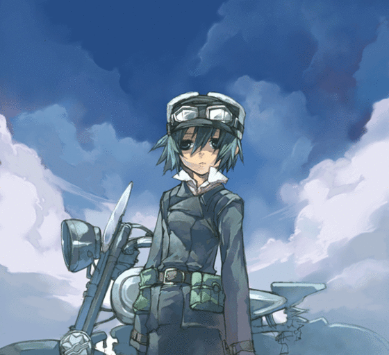 hermes (kino no tabi), kino (kino no tabi), kino no tabi, vehicle, 00s, 1girl, androgynous, belt, cloud, female focus, fur hat, goggles, green hair, hat, motor vehicle, motorcycle, reverse trap, short hair, sky, solo