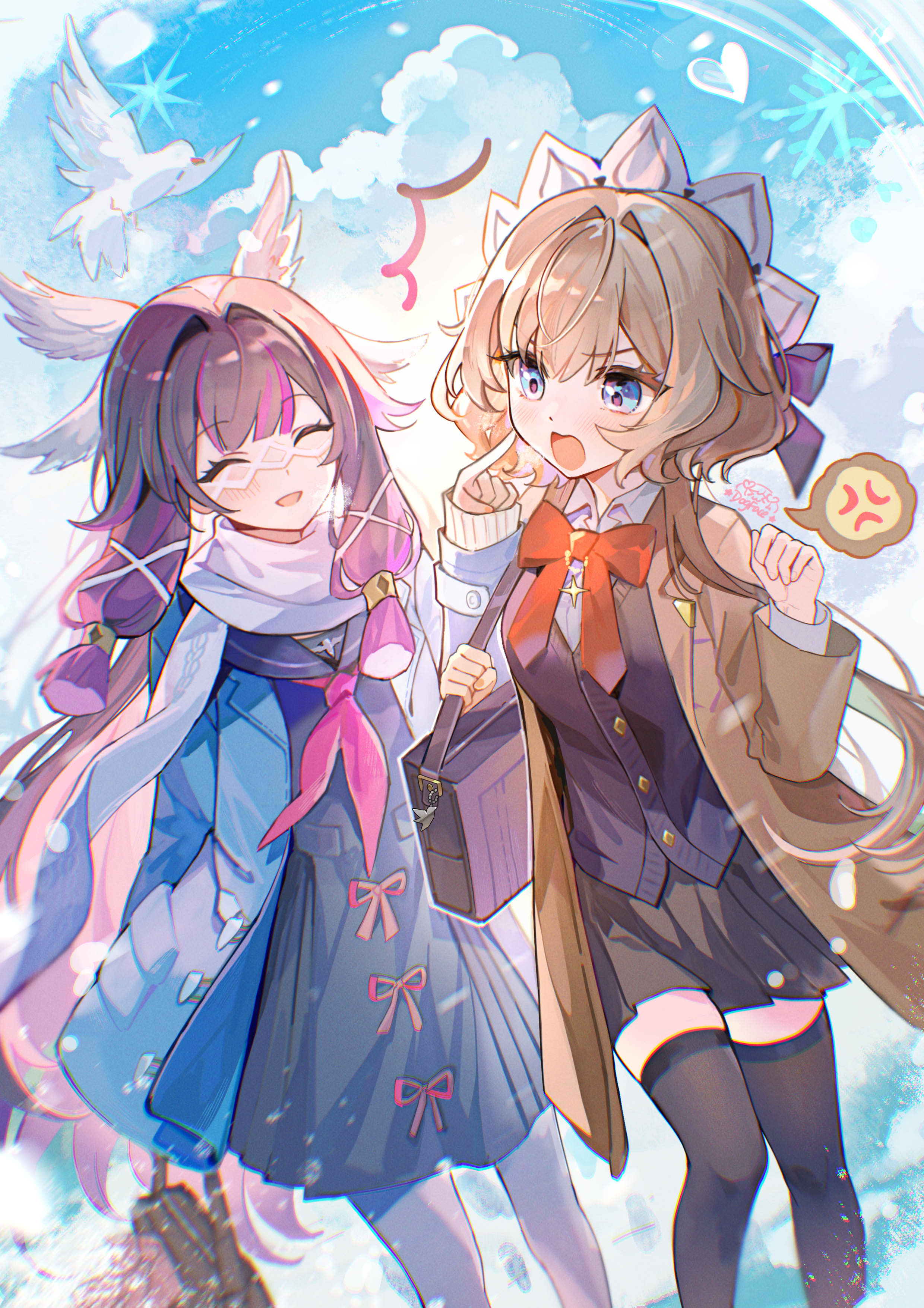 gou lianlian dogface, columbina (genshin impact), sandrone (genshin impact), genshin impact, absurdres, commentary request, highres, 2girls, alternate costume, anger vein, bag, black hair, black skirt, black thighhighs, blue eyes, bow, bowtie, brown hair, closed eyes, jacket, looking at another, multiple girls, neckerchief, open clothes, open jacket, open mouth, outdoors, pantyhose, purple hair, sailor collar, school bag, school uniform, skirt, smile, spoken anger vein, thighhighs, white pantyhose