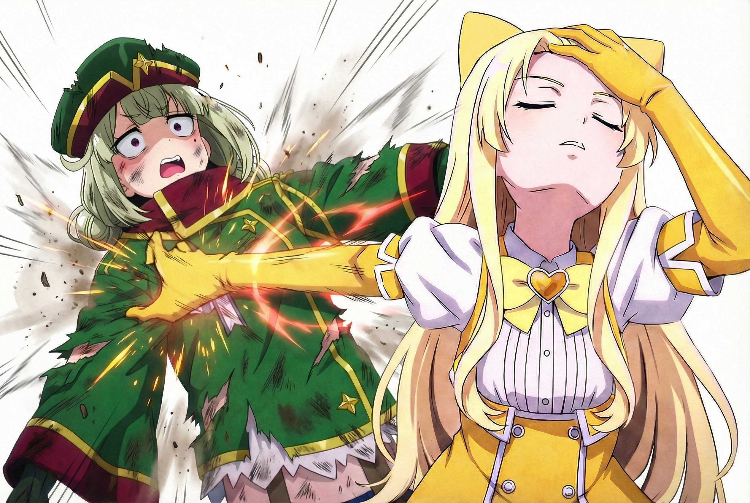 note kaga, araga kiwi, leoparde (mahou shoujo ni akogarete), magia sulfur, tenkawa kaoruko, mahou shoujo ni akogarete, highres, 2girls, adjusting hair, blonde hair, breasts, elbow gloves, gem, gloves, green gloves, green hair, green hat, green jacket, hand in own hair, hat, heart-shaped gem, jacket, long hair, magical girl, medium breasts, meme, military hat, military jacket, mole, mole under eye, multiple girls, naoya hitting choso without looking (meme), no pants, open mouth, rapid punches, scene reference, simple background, skirt, torn clothes, yellow gem, yellow skirt