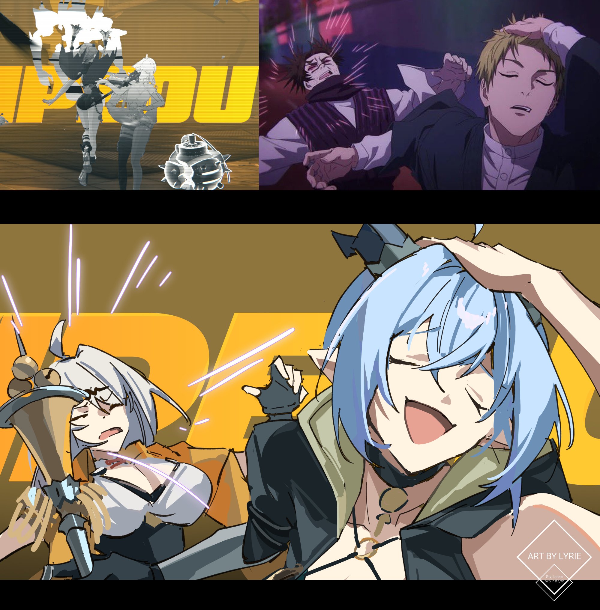 lyrie luna, lucia elowen, yixuan (zenless zone zero), jujutsu kaisen, zenless zone zero, commentary, english commentary, highres, 2girls, adjusting hair, ahoge, animal ears, artist name, black border, black gloves, black unitard, blue hair, blue horns, border, breasts, choker, closed eyes, collarbone, crossed bangs, game screenshot inset, gloves, goat ears, goat girl, goat horns, hair between eyes, hair slicked back, hand on own head, holding, holding staff, horns, jacket, key, key choker, large breasts, meme, multiple girls, naoya hitting choso without looking (meme), open mouth, pointy ears, reference inset, scene reference, screenshot inset, single bare shoulder, staff, white hair, yellow jacket, zzz wipeout