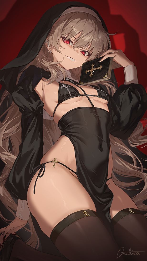 guchico, original, commentary request, 1girl, bible (object), bikini, bikini under clothes, black bikini, black coif, black dress, black shoes, black shrug, black thighhighs, book, breasts, brown hair, clothing cutout, coif, covered navel, cowboy shot, cross, dress, ear piercing, guimpe, hair between eyes, hand up, holding, holding book, leg up, long hair, long sleeves, looking at viewer, nun, pelvic curtain, piercing, red background, red eyes, shadow, shoes, shrug (clothing), side-tie bikini bottom, signature, simple background, small breasts, smile, solo, swimsuit, teeth, thighhighs, thighs, veil, very long hair, white wrist cuffs, wrist cuffs