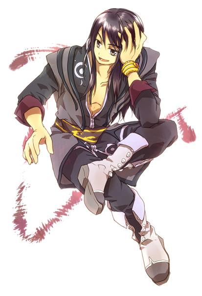 yuri lowell, tales of (series), tales of vesperia, 00s, 1boy, black eyes, black hair, boots, bracelet, jewelry, knee boots, long hair, male focus, sitting, smile, solo