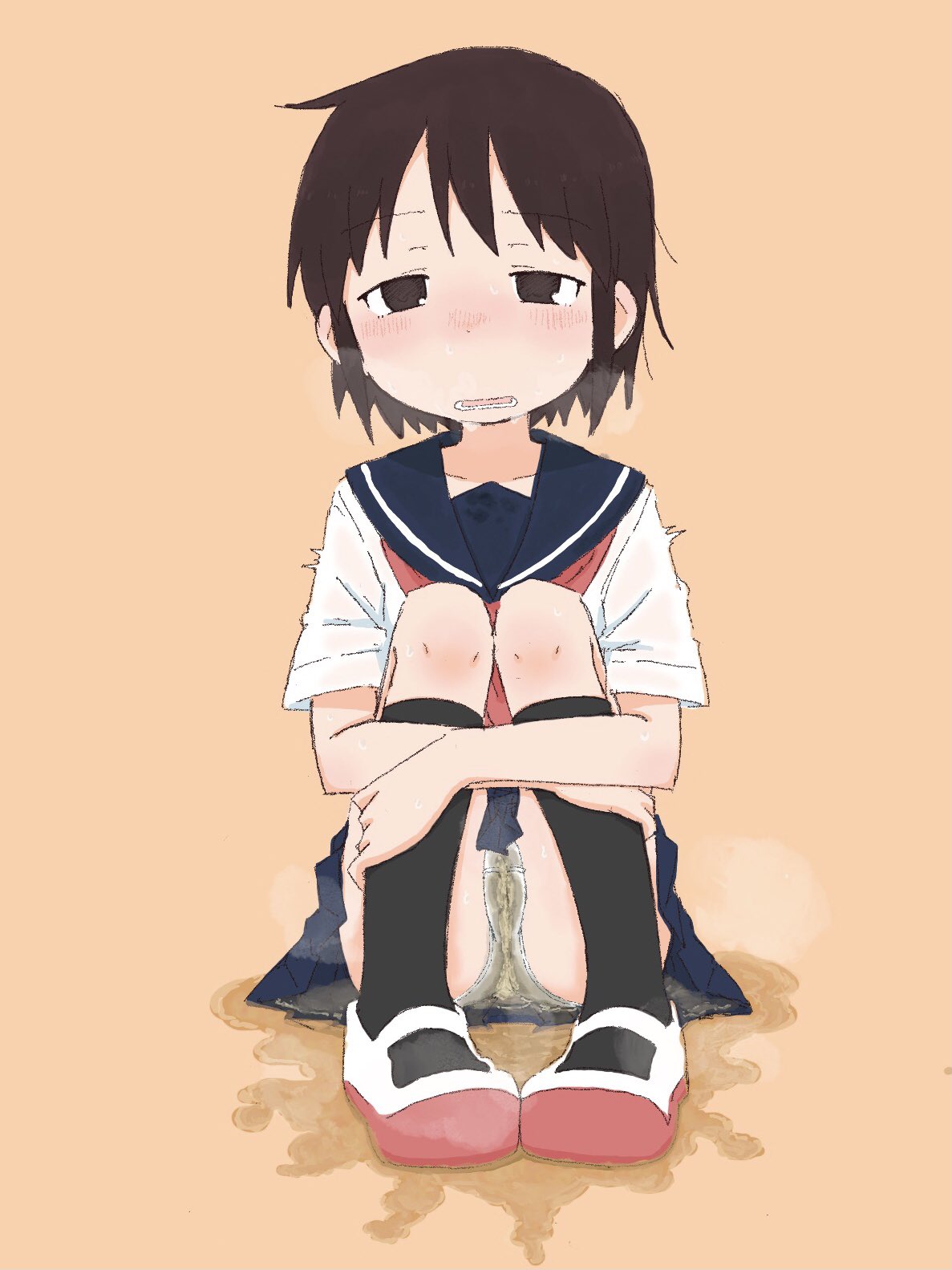 ponnu (tnpn2yw), original, 1girl, black socks, blue sailor collar, blue skirt, blush, breath, brown eyes, brown hair, cameltoe, collarbone, female focus, full body, half-closed eyes, hugging own legs, kneehighs, knees up, looking afar, matching hair/eyes, miniskirt, neckerchief, nose blush, open mouth, orange background, panties, pee, peeing, peeing self, pigeon-toed, pleated skirt, puddle, red neckerchief, red shoes, sailor collar, school uniform, serafuku, shirt, shoes, short hair, short sleeves, sidelocks, simple background, sitting, skirt, socks, solo, sweat, teeth, underwear, upskirt, wet, wet clothes, wet panties, wet skirt, white panties, white shirt