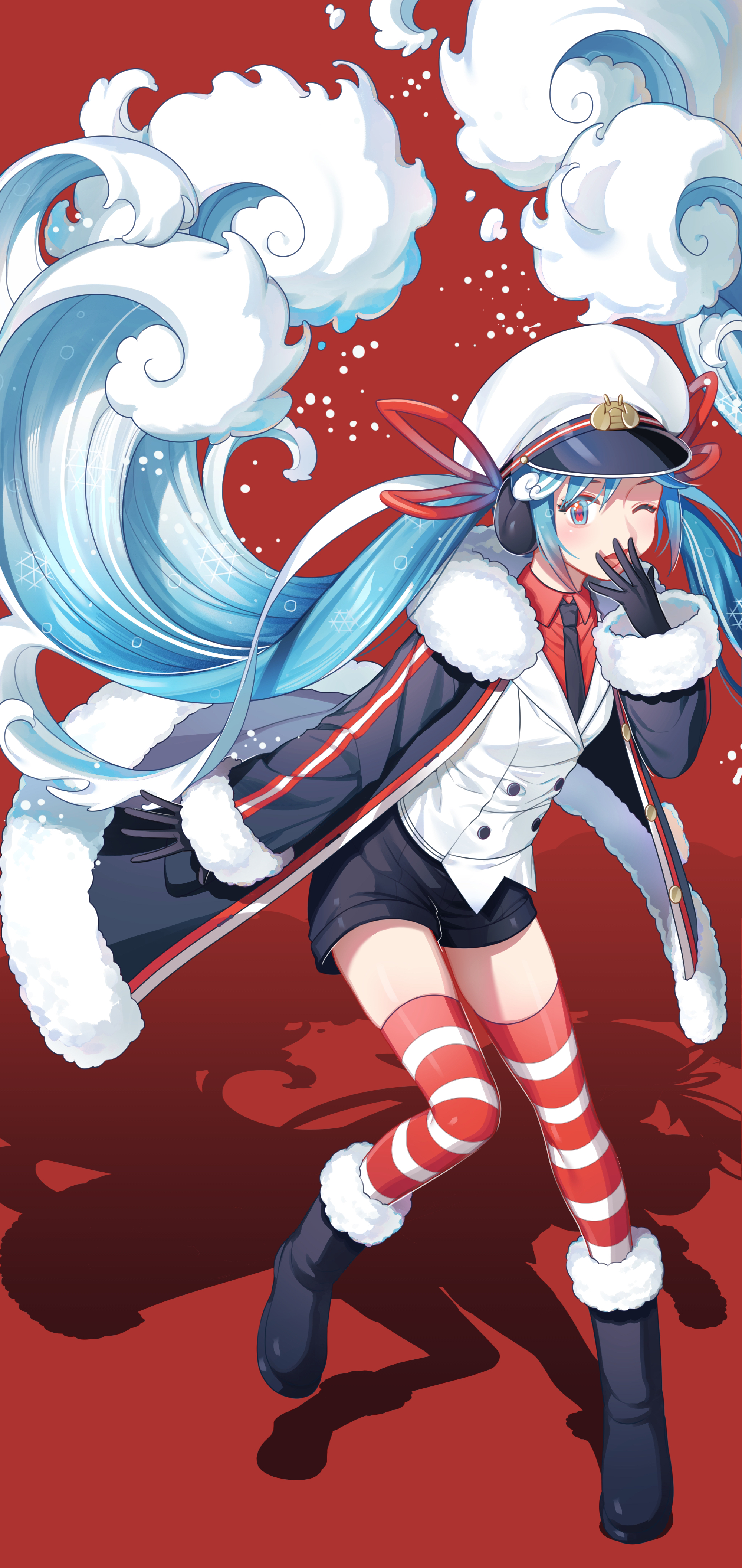 hui yan, hatsune miku, rabbit yukine, yuki miku, yuki miku (2022), vocaloid, absurdres, commentary request, highres, 1girl, aqua eyes, aqua hair, binoculars, black coat, black gloves, black necktie, black shorts, coat, collared shirt, fur-trimmed coat, fur-trimmed sleeves, fur trim, gloves, gradient hair, hair between eyes, hair ornament, hair ribbon, hat, jacket, light blush, long hair, long sleeves, looking at viewer, multicolored hair, necktie, official alternate costume, official alternate hairstyle, one eye closed, open mouth, peaked cap, red background, red ribbon, red shirt, ribbon, sailor hat, shirt, short shorts, shorts, simple background, striped clothes, striped thighhighs, thighhighs, twintails, very long hair, white hair, white jacket
