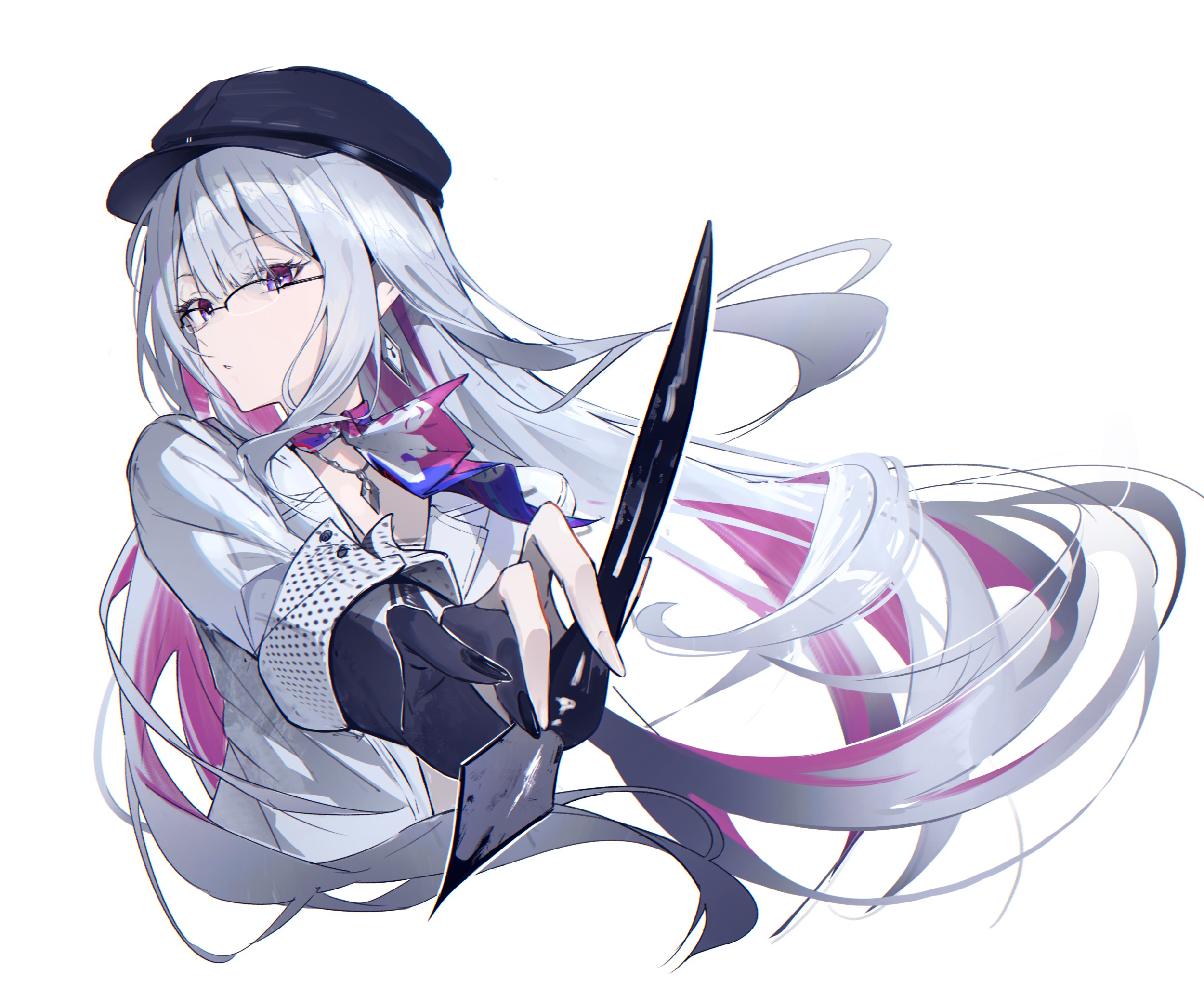 sasa (sasa ekakiman), nihilux (honkai: star rail), honkai: star rail, honkai (series), commentary request, highres, 1girl, beret, colored inner hair, earrings, glasses, gloves, hat, holding, holding pen, ink, jewelry, long hair, multicolored hair, necklace, pen, pink eyes, purple eyes, ribbon, shirt, upper body, very long hair, white hair