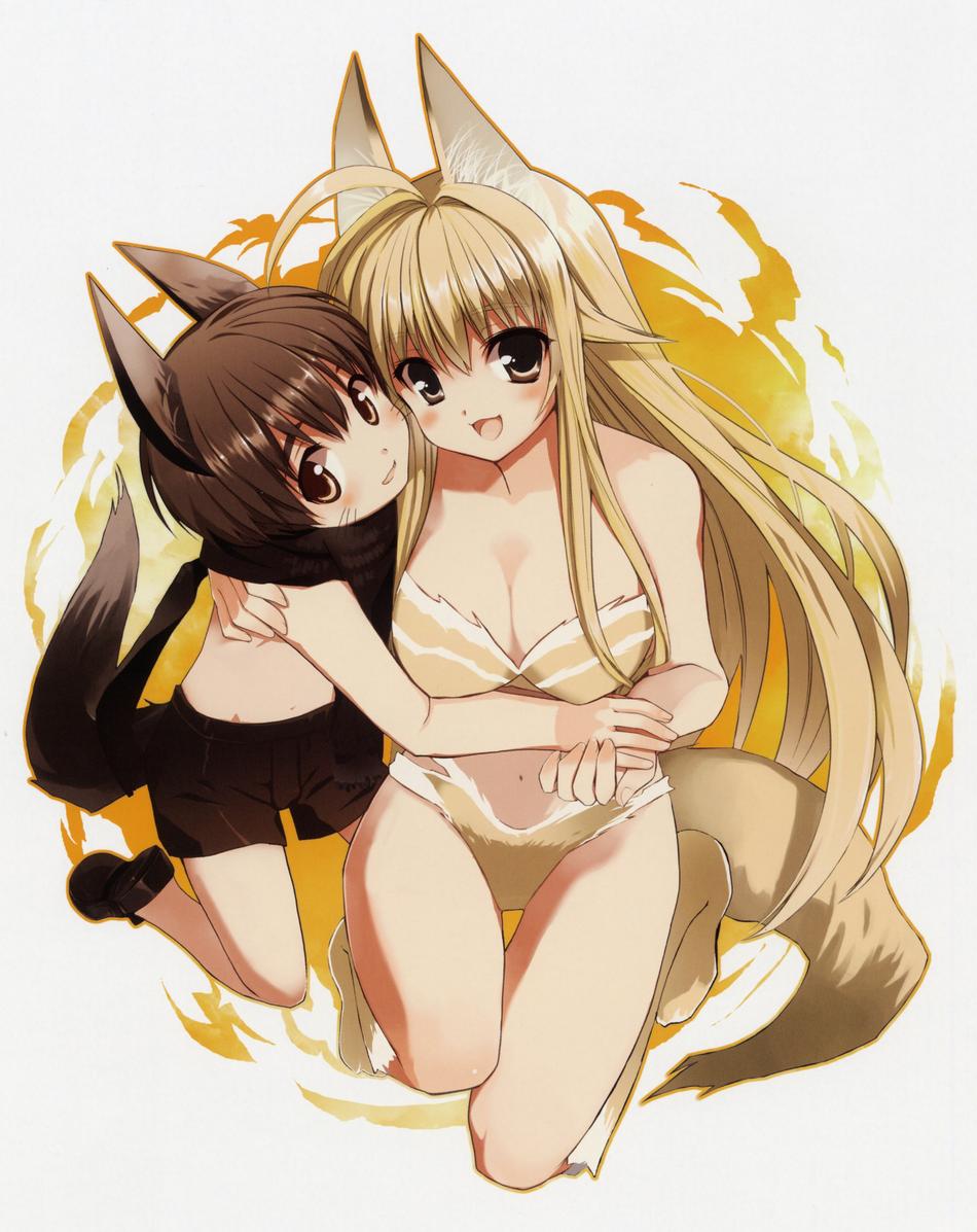 minamoto chizuru, oyamada kouta, kanokon, 00s, animal ears, blush, breasts, cleavage, smile, tail