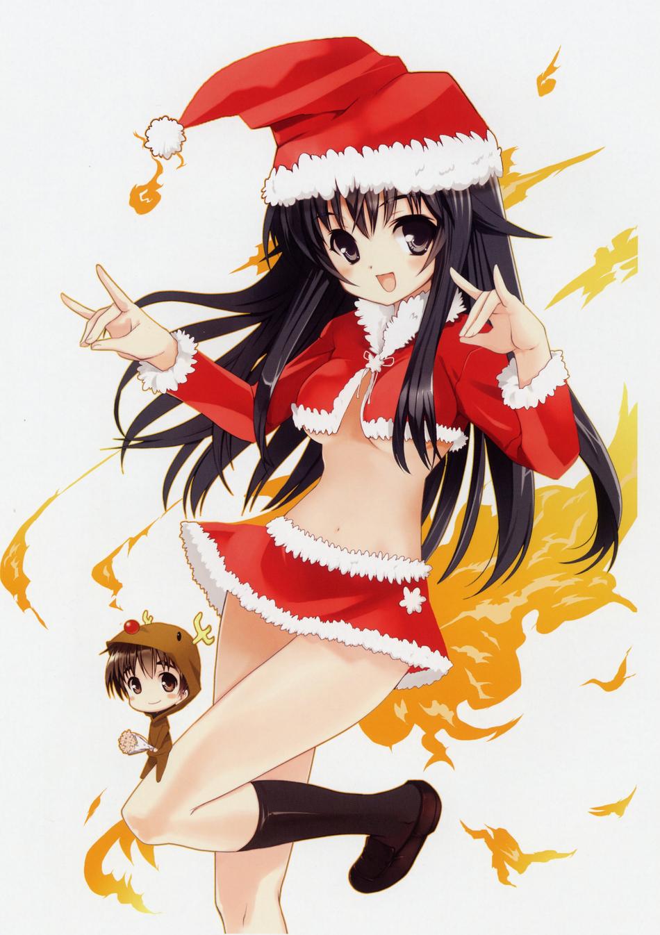 koin (foxmark), minamoto chizuru, oyamada kouta, kanokon, highres, 00s, 1boy, 1girl, animal costume, antlers, black eyes, black hair, blush, breasts, brown eyes, brown hair, chibi, christmas, cleavage, flapper shirt, hat, horns, reindeer costume, reindeerboy, santa costume, santa hat, shirt, smile