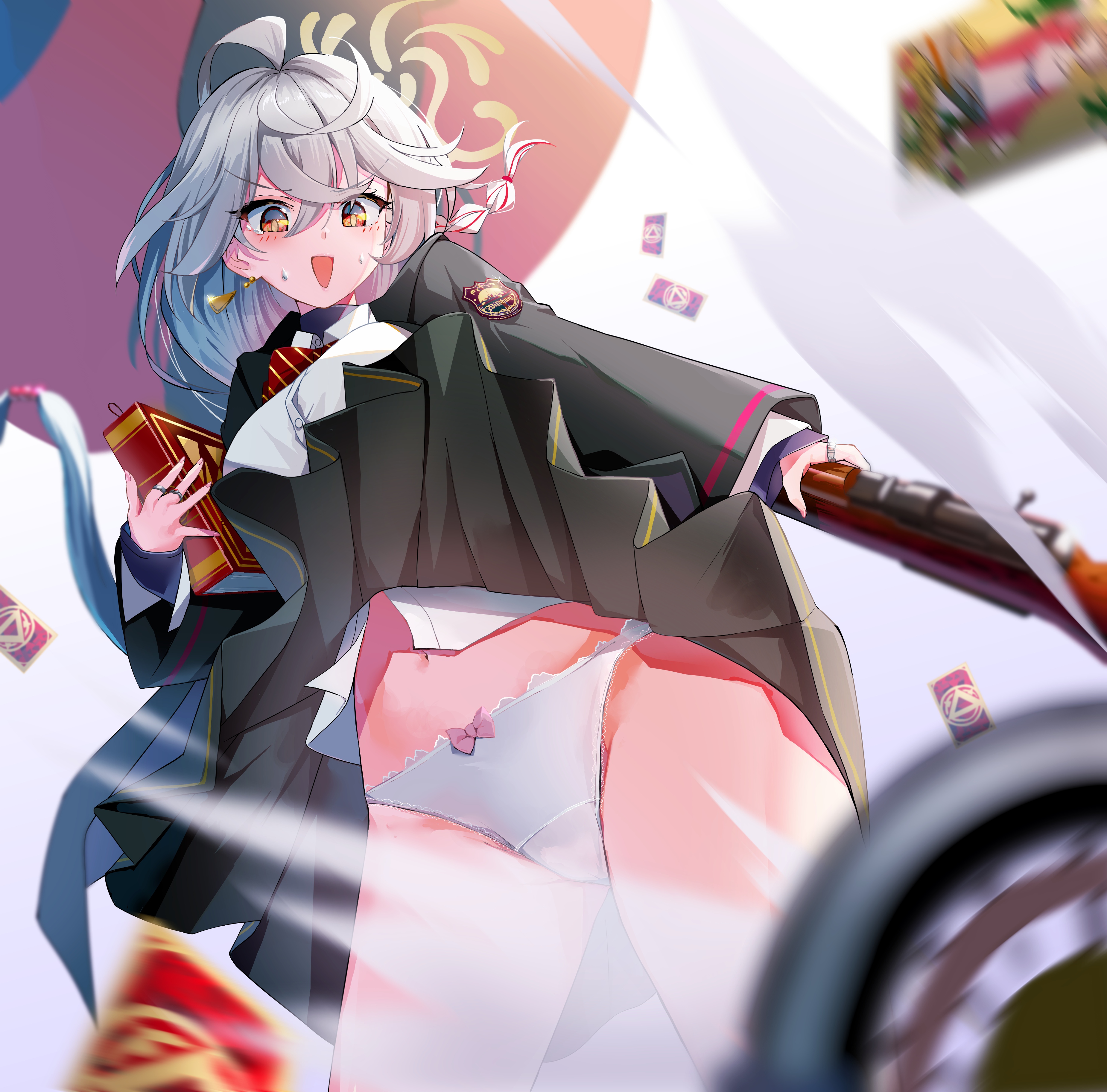 shiroyu, eri (blue archive), blue archive, absurdres, commentary, highres, 1girl, black coat, black skirt, bow, bow panties, breasts, card, clothes lift, coat, earrings, electric fan, gun, halo, holding, holding weapon, jewelry, large breasts, long hair, multicolored eyes, open mouth, panties, rifle, shirt, skirt, skirt lift, solo, thighs, two-tone eyes, underwear, very long hair, weapon, white hair, white panties, white shirt, wind, wind lift, yellow halo