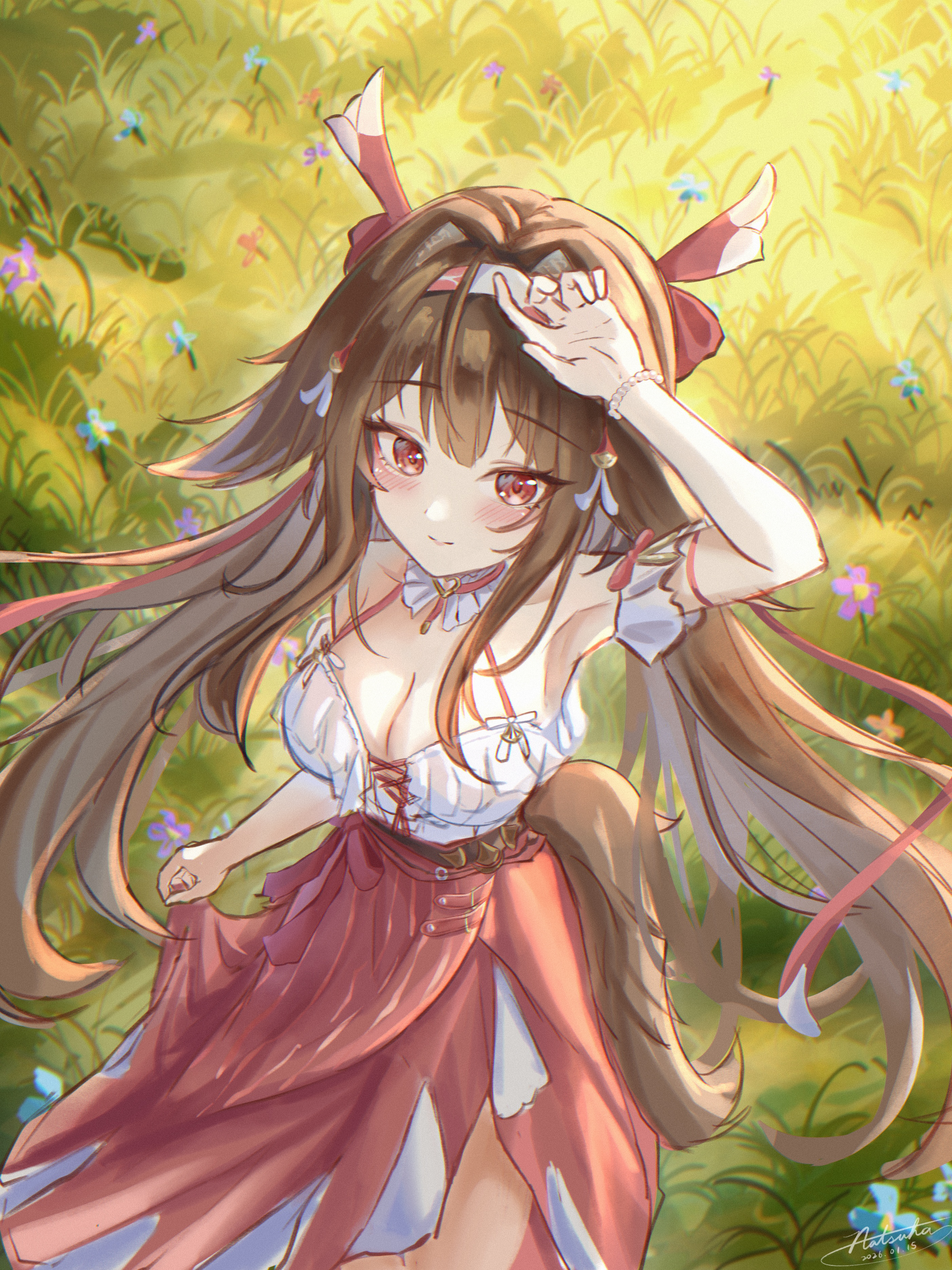 uting, ye shunguang, ye shunguang (touch of dawnlight), zenless zone zero, absurdres, commentary request, highres, 1girl, animal ear fluff, animal ears, arm up, armband, armpits, bare shoulders, blue flower, blush, breasts, brown hair, brown tail, cleavage, closed mouth, collar, collarbone, cross-laced clothes, cross-laced top, droopy ears, flower, frilled armband, frilled collar, frilled shirt, frills, from above, grass, hairband, hand on own head, high-waist skirt, large breasts, long hair, long skirt, looking at viewer, multicolored hairband, official alternate costume, orange flower, outdoors, purple flower, red eyes, red skirt, shirt, skirt, skirt hold, smile, solo, tail, very long hair, white armband, white hairband, white shirt