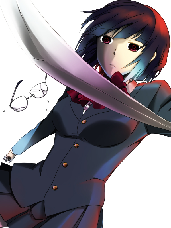 ochitsuki (stdr), sonohara anri, durarara!!, bad id, bad pixiv id, 1girl, black hair, bob cut, breasts, broken eyewear, female focus, glasses, large breasts, pleated skirt, red eyes, school uniform, short hair, skirt, solo, sword, weapon