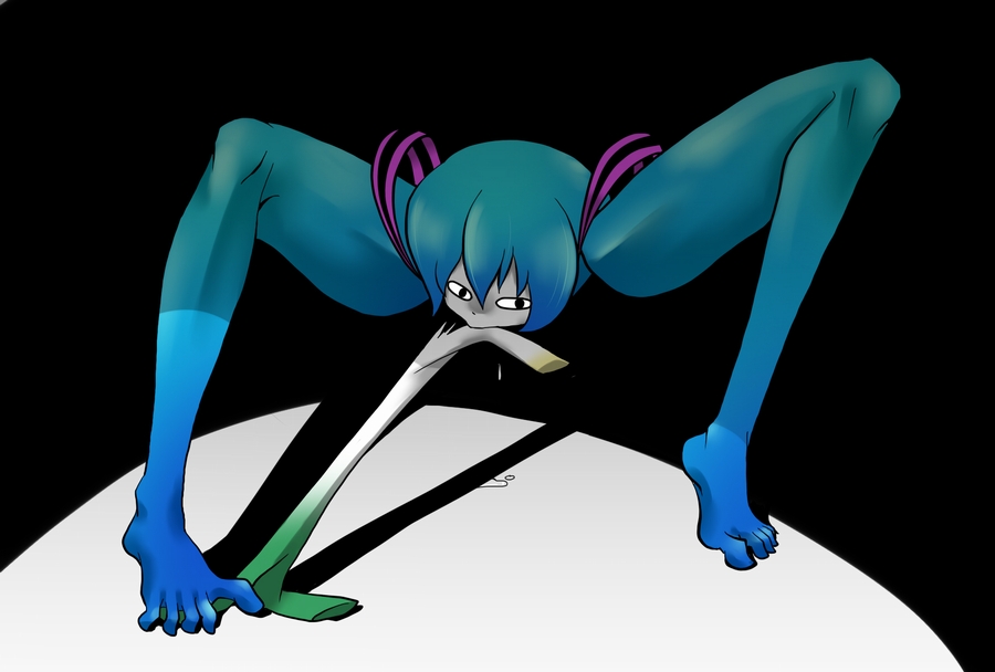 flamberg65, hatsune miku, shiteyan'yo, vocaloid, creepy, horror (theme), legs, mouth hold, spring onion, what