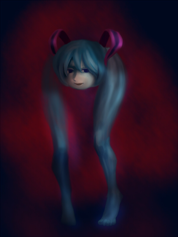 chiffonjena, hatsune miku, shiteyan'yo, vocaloid, blue hair, creepy, full body, headgear, horror (theme), legs, monster, no humans, standing