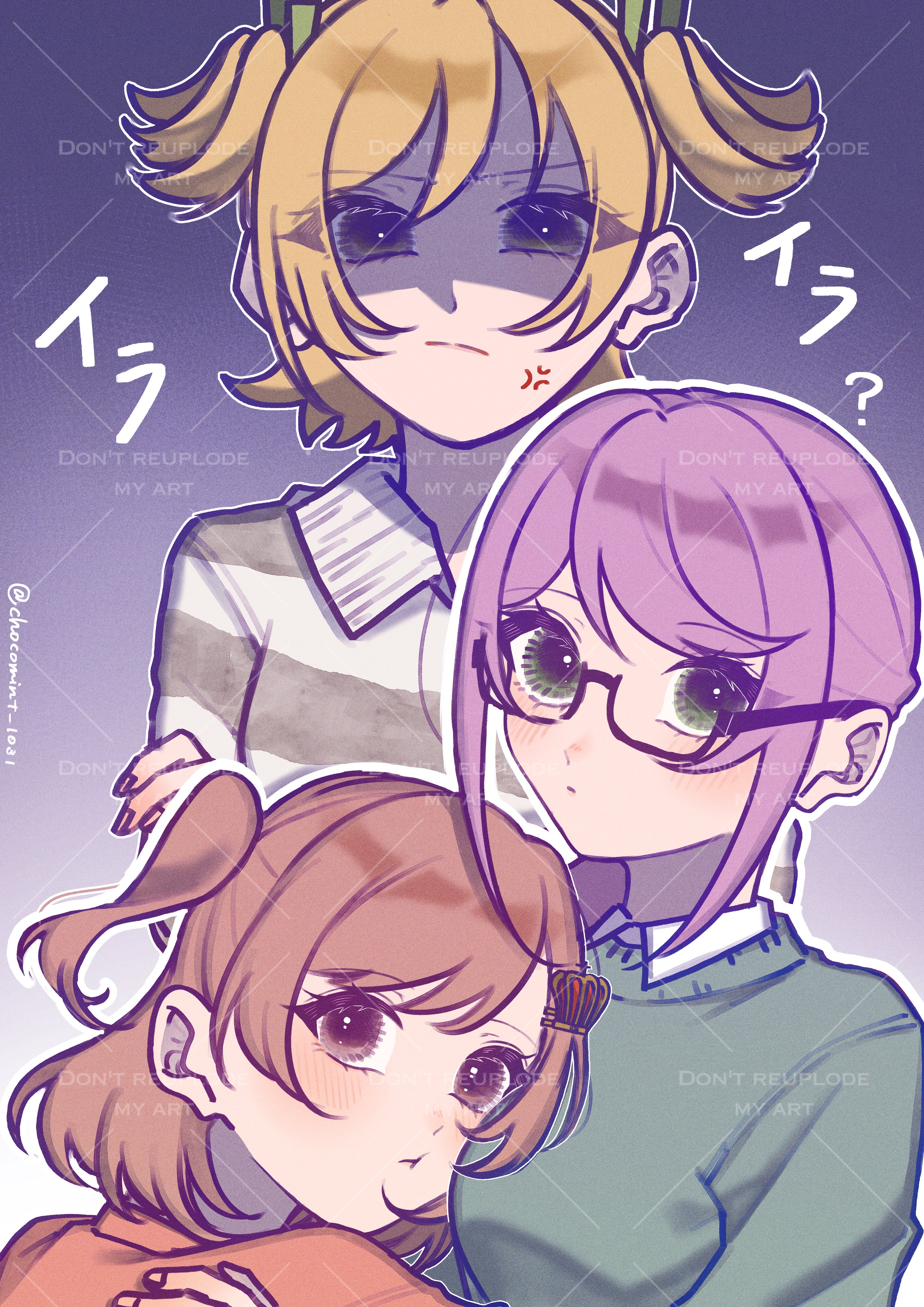 chocomint 1031, aijou karen, daiba nana, hoshimi junna, shoujo kageki revue starlight, absurdres, commentary request, highres, translated, 3girls, :t, ?, anger vein, angry, black-framed eyewear, blonde hair, blush, breasts, brown eyes, closed mouth, collared shirt, crown hair ornament, gradient background, green eyes, green ribbon, green sweater, grey sweater, hair ornament, hair ribbon, hairclip, hand on another's back, hand on own arm, hand up, head on chest, jealous, long hair, long sleeves, looking at viewer, looking to the side, low ponytail, medium breasts, multiple girls, one side up, orange sweater, outline, ponytail, purple background, purple hair, ribbon, semi-rimless eyewear, shaded face, shirt, short hair, short twintails, striped clothes, striped sweater, sweater, twintails, twitter username, under-rim eyewear, v-shaped eyebrows, watermark, white outline, yuri