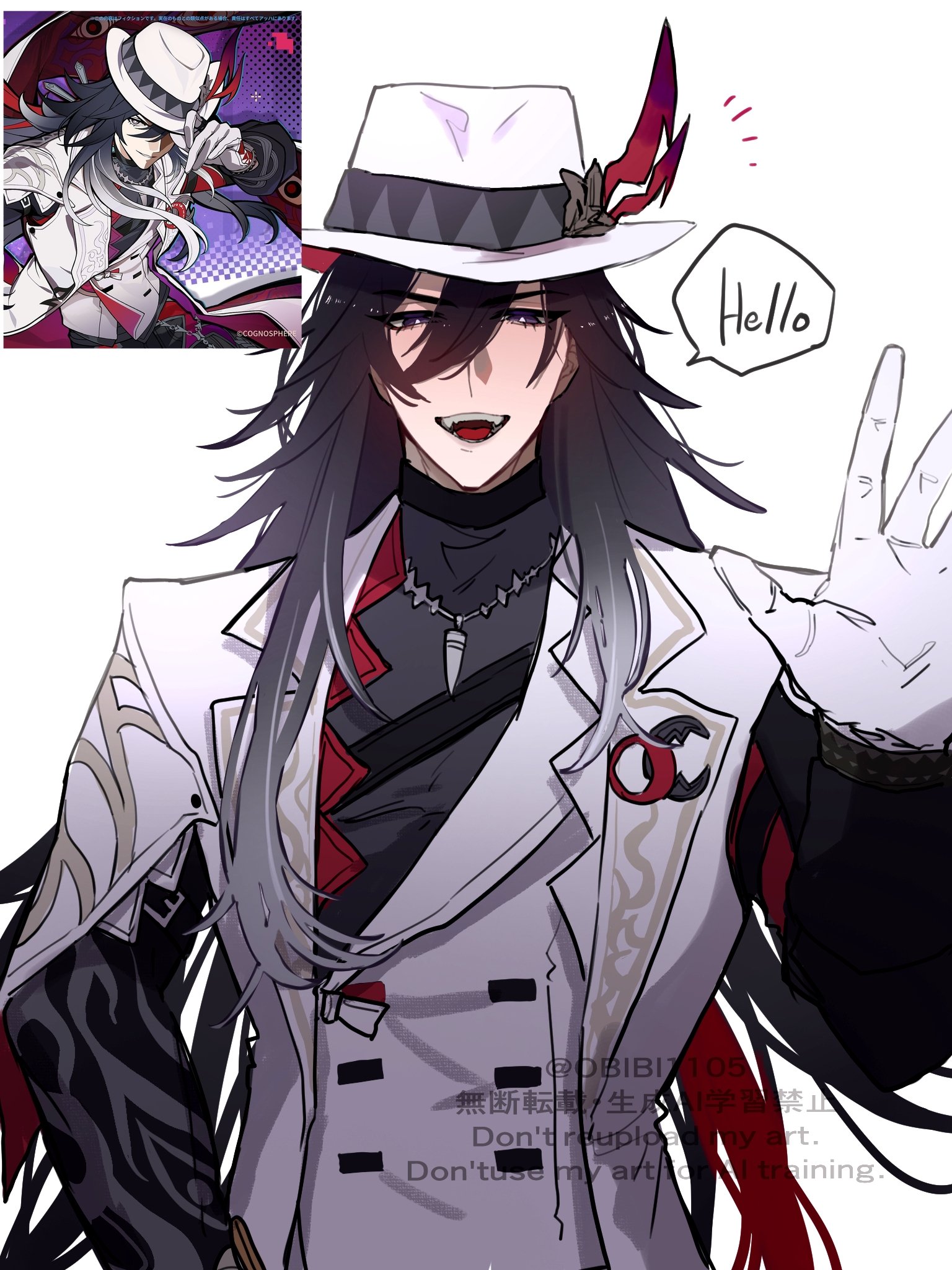 obibi1105, ashveil (honkai: star rail), honkai: star rail, honkai (series), commentary request, highres, 1boy, arm tattoo, black eyes, black hair, bright pupils, english text, fedora, gloves, hat, hat ornament, jacket, jewelry, long hair, multicolored hair, necklace, official art inset, sharp teeth, shirt, streaked hair, tattoo, teeth, toned, toned male, turtleneck, turtleneck shirt, very long hair, watermark, white jacket
