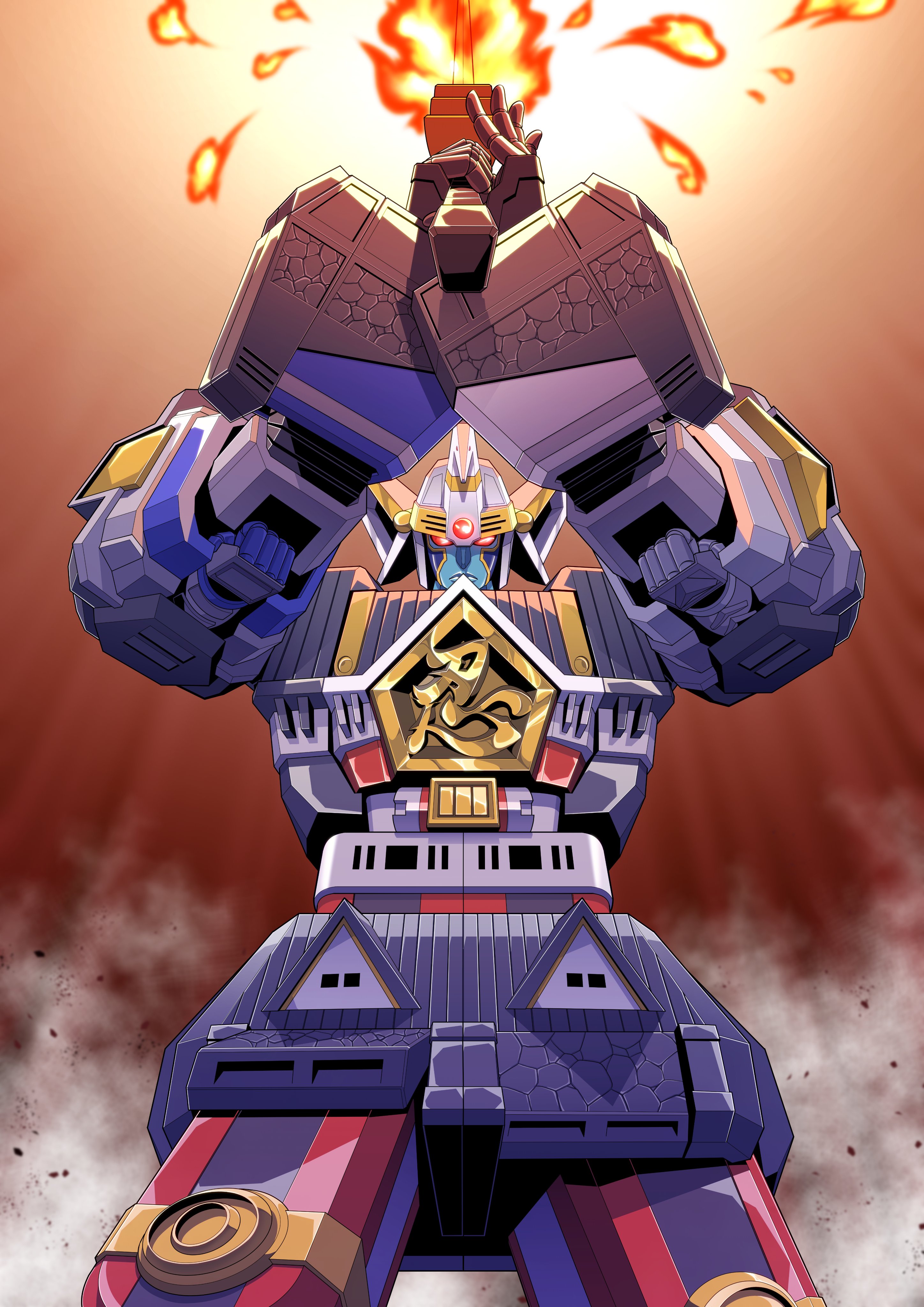 kaneko naoya, muteki shogun, ninja sentai kakuranger, super sentai, absurdres, commentary request, highres, dust cloud, fire, flaming sword, flaming weapon, holding, holding sword, holding weapon, mecha, mecha focus, no humans, overhead swing, red eyes, robot, sword, weapon