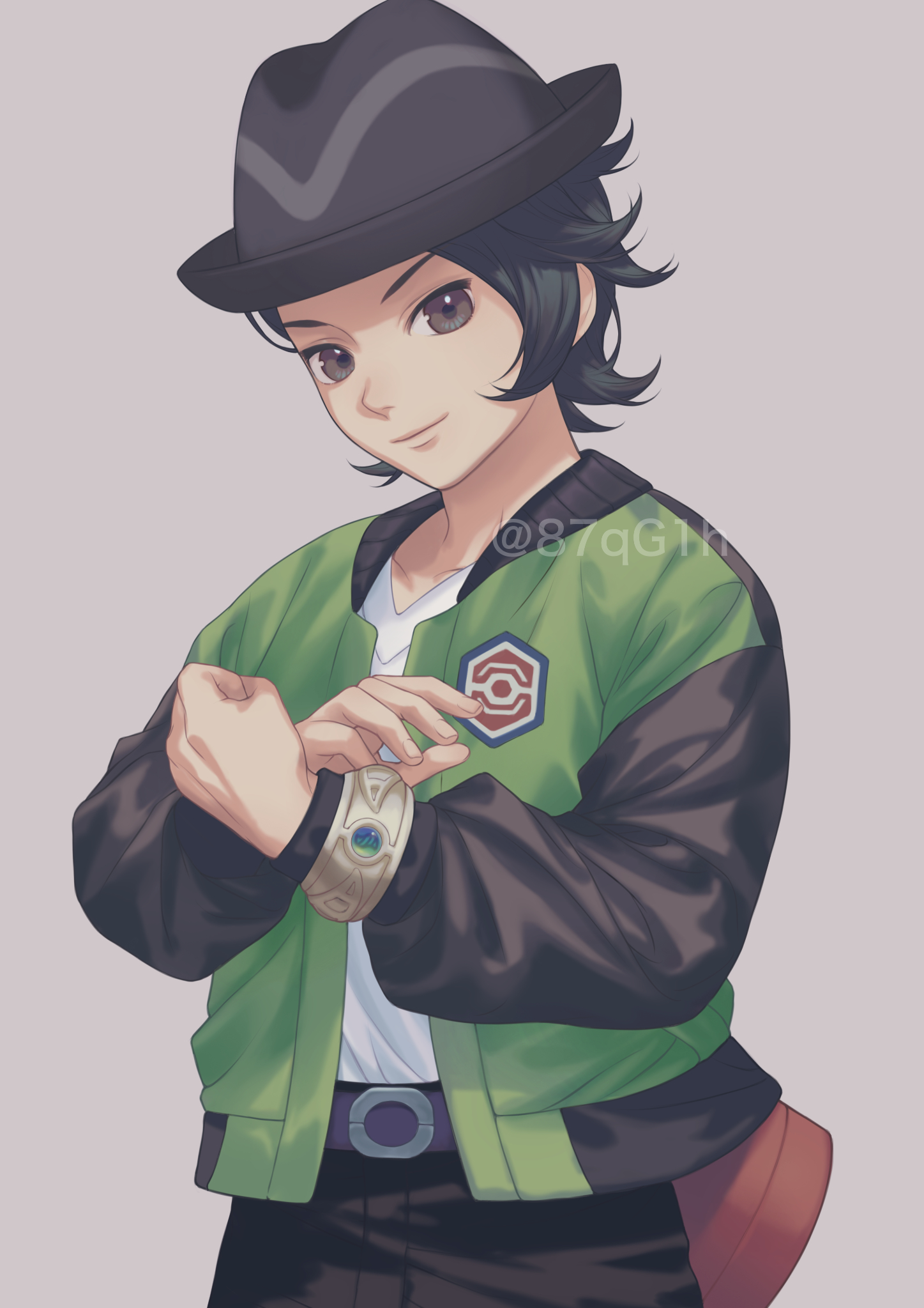 chii-san (87qg1h), paxton (pokemon), nintendo, pokemon, pokemon legends: z-a, commentary request, highres, 1boy, belt, black hair, black hat, black pants, bracelet, clenched hand, closed mouth, green jacket, grey background, grey eyes, hat, jacket, jewelry, male focus, open clothes, open jacket, pants, shirt, short hair, simple background, smile, solo, twitter username, watermark, white shirt