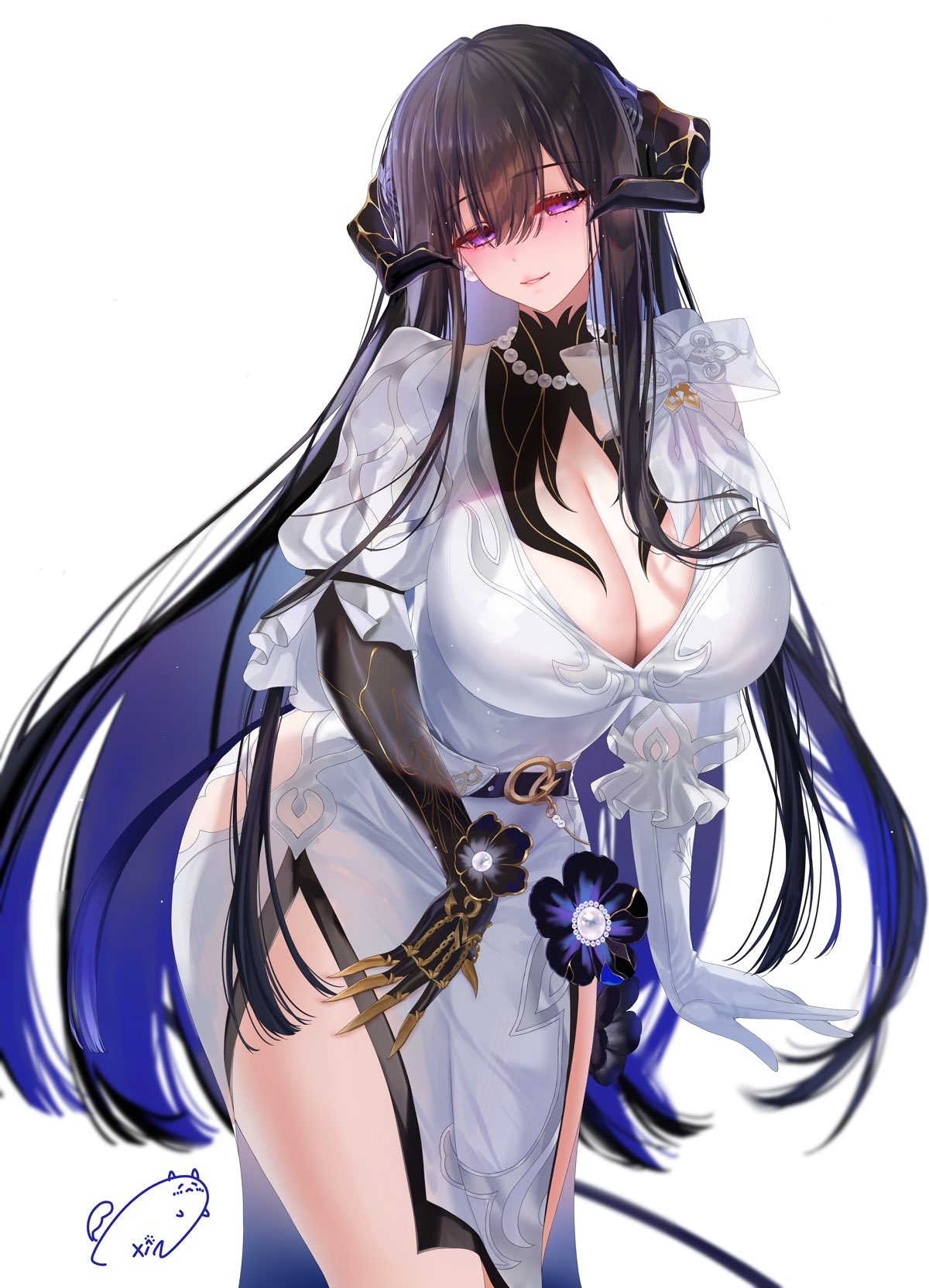 obiwan, weisuoxin, the dahlia (honkai: star rail), honkai: star rail, honkai (series), commentary request, highres, 1girl, artist logo, asymmetrical gloves, black gloves, black hair, blue hair, blush, breasts, colored inner hair, dress, elbow gloves, gloves, large breasts, leaning forward, logo, long hair, looking at viewer, mismatched gloves, mole, mole under eye, multicolored hair, parted lips, purple eyes, simple background, smile, solo, white background, white dress, white gloves