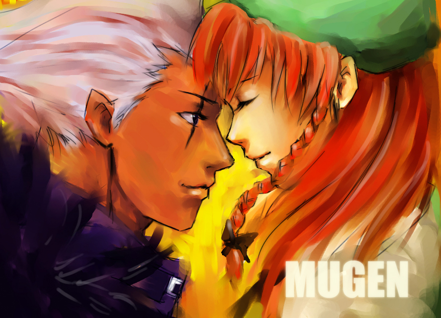 ikuyoan, hong meiling, krizalid, m.u.g.e.n, snk, the king of fighters, touhou, bad id, bad pixiv id, 1boy, 1girl, braid, closed eyes, couple, crossover, hetero, red hair, scar, white hair