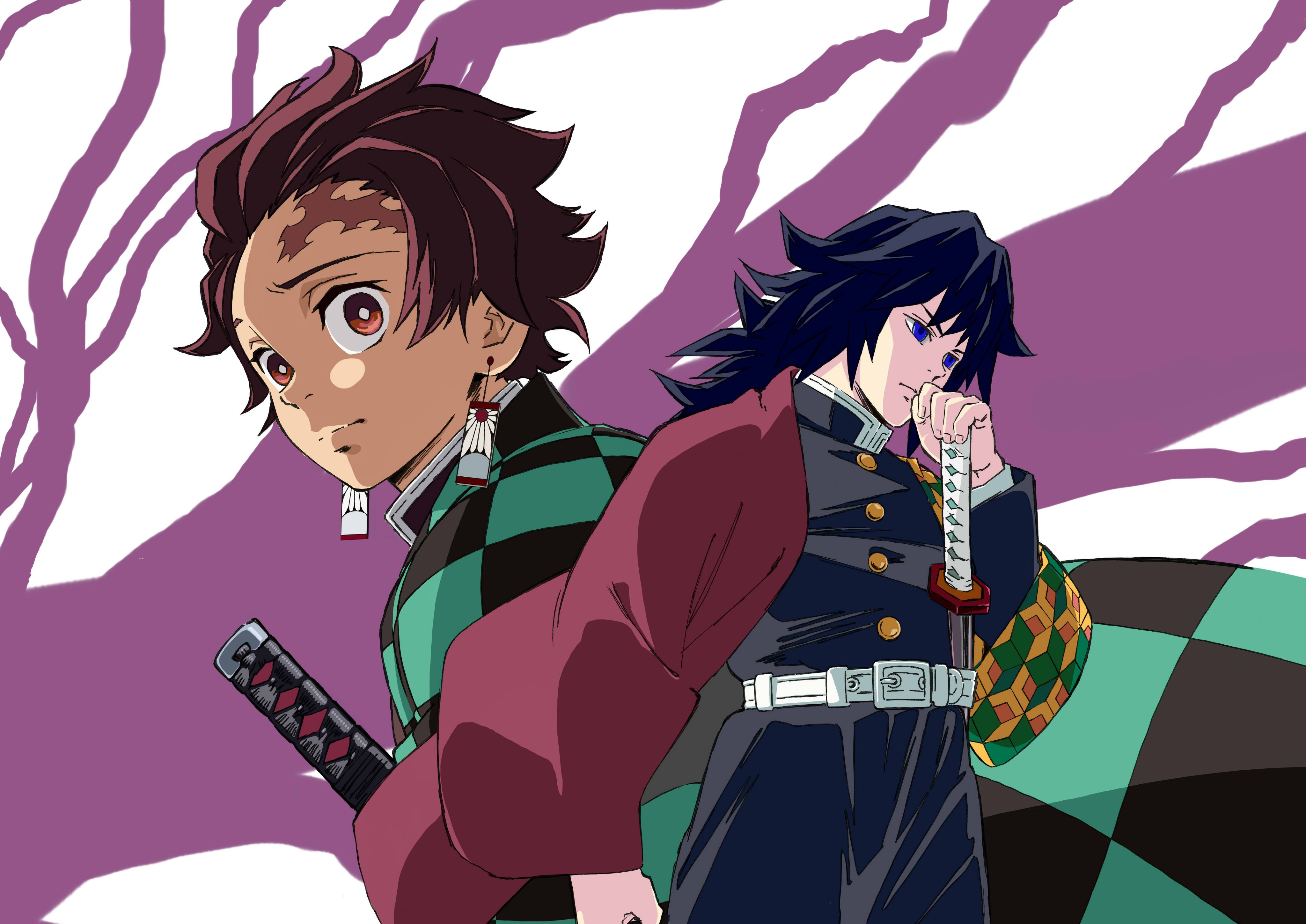 nakamura yutaka, kamado tanjirou, tomioka giyuu, kimetsu no yaiba, absurdres, commentary request, highres, 2boys, belt, black hair, black jacket, black pants, blue eyes, brown hair, buttons, demon slayer uniform, earrings, empty eyes, gold buttons, green haori, hand up, haori, high collar, jacket, japanese clothes, jewelry, katana, kikkoumon, long hair, low ponytail, male focus, multiple boys, pants, ponytail, print haori, purple background, purple streaks, red eyes, red haori, scar, scar on face, spiked hair, standing, sword, weapon, white background, white belt