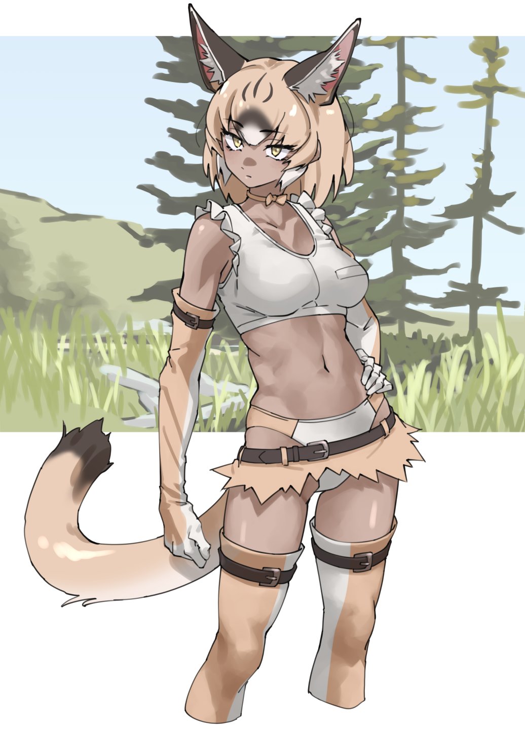tanabe (fueisei), cougar (kemono friends), kemono friends, kemono friends 3, commentary request, highres, animal ears, arm at side, bare shoulders, black hair, bow, bowtie, breasts, brown hair, buruma, cat ears, cat girl, closed mouth, dark skin, elbow gloves, gloves, grasslands, grey hair, medium breasts, microskirt, midriff, multicolored hair, navel, short hair, skirt, stomach, tail, tank top, thighhighs, toned, toned female, underwear