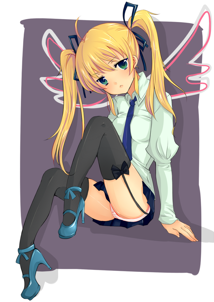 panda dorian, original, bad id, bad pixiv id, blonde hair, garter belt, garter straps, green eyes, high heels, legs, long hair, miniskirt, necktie, panties, pantyshot, school uniform, shoes, skirt, solo, thighhighs, twintails, underwear, wings