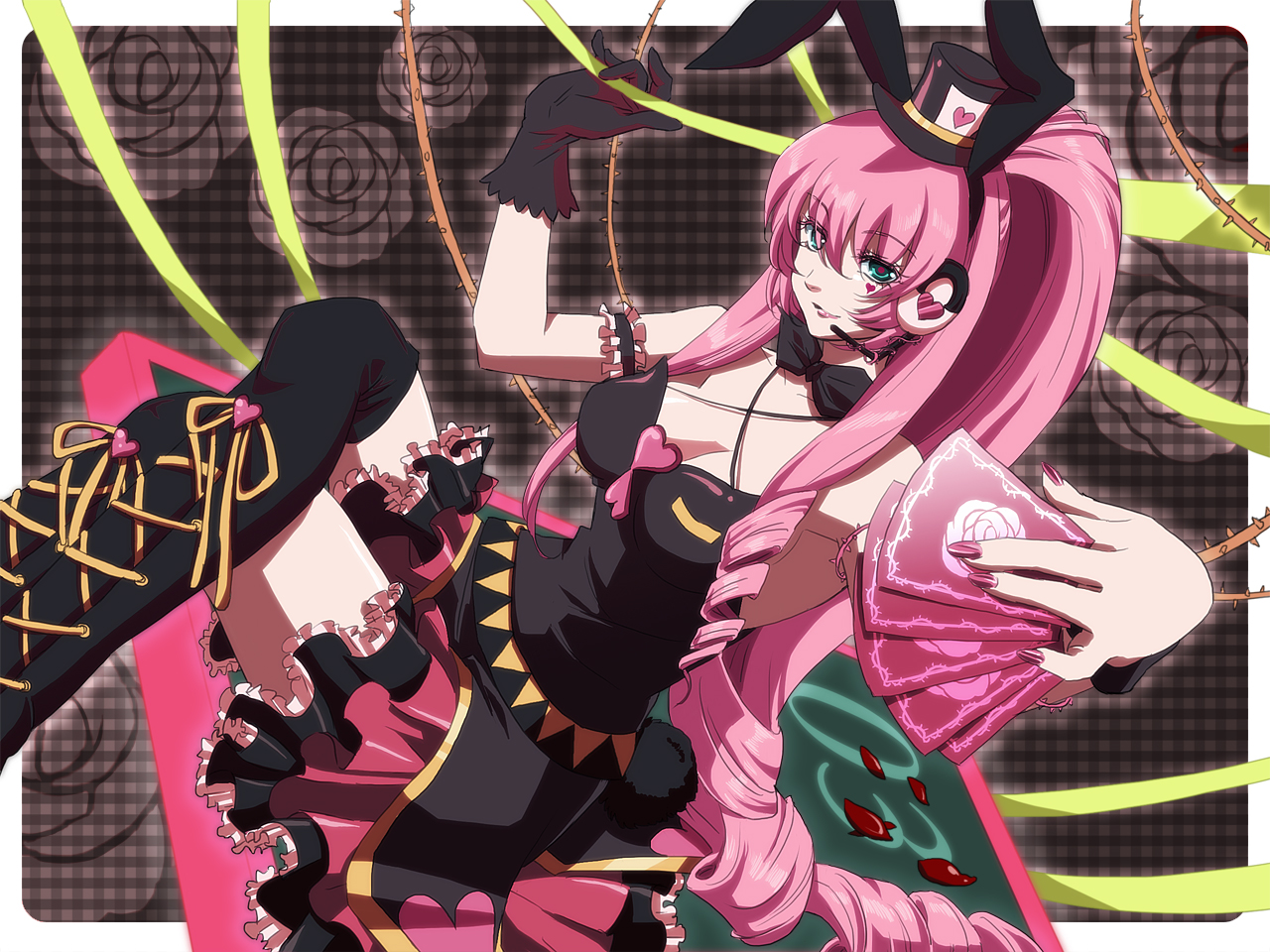 ichihara2929, megurine luka, vocaloid, bad id, bad pixiv id, 1girl, animal ears, boots, bow, bowtie, breasts, card, choker, cleavage, crossed legs, drill hair, female focus, flower, frills, gloves, green eyes, hat, headband, headphones, headset, heart, holding, holding card, lace-up boots, long hair, mini hat, mini top hat, nail polish, pink hair, pink nails, plant, rabbit ears, rabbit tail, rose, single glove, sitting, solo, tail, thighhighs, thorns, top hat, very long hair, vines