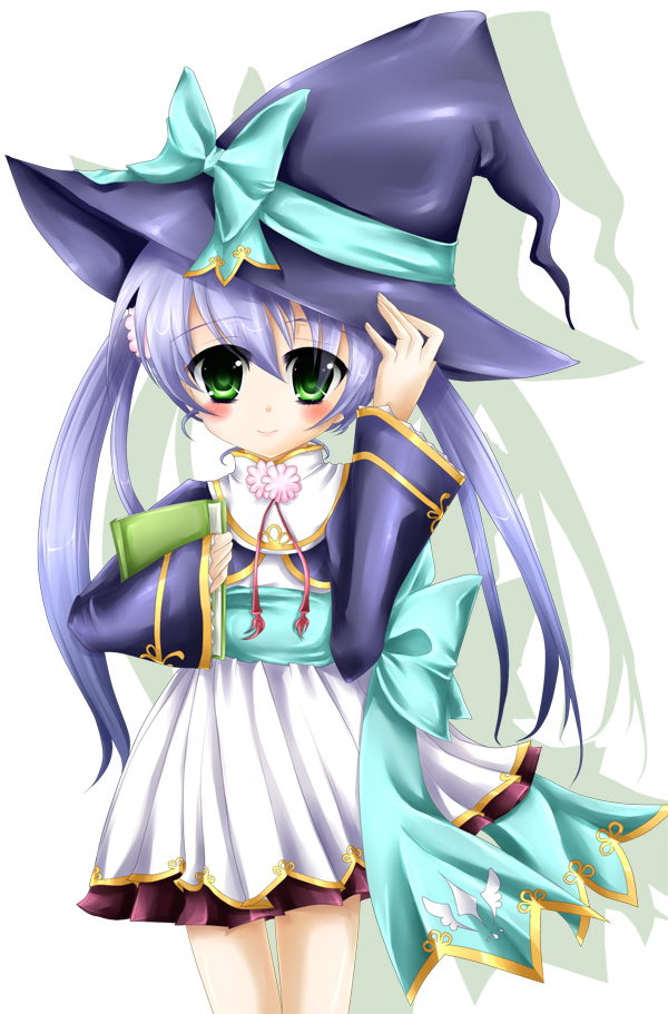 houtou (koihime musou), koihime musou, light purple hair, book, hat, ribbon, solo, twintails, witch hat, yellow eyes
