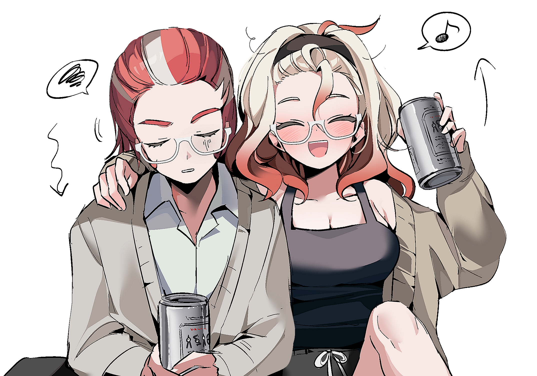 ebi (shrimp eleven), griselle (pokemon), grisham (pokemon), unown, unown a, unown h, unown s, asahi breweries, nintendo, pokemon, pokemon legends: z-a, commentary request, highres, 1boy, 1girl, beer can, black hairband, black shorts, black tank top, blush, bow, breasts, can, cardigan, cleavage, closed eyes, collarbone, collared shirt, drink can, drunk, facing viewer, gen 2 pokemon, glasses, gradient hair, grey cardigan, hairband, holding, holding can, large breasts, multicolored hair, musical note, open mouth, orange hair, pokemon (creature), red hair, shirt, shorts, smile, speech bubble, spoken musical note, spoken squiggle, squiggle, tank top, two-tone hair, unownglyphics, white-framed eyewear, white hair, white shirt